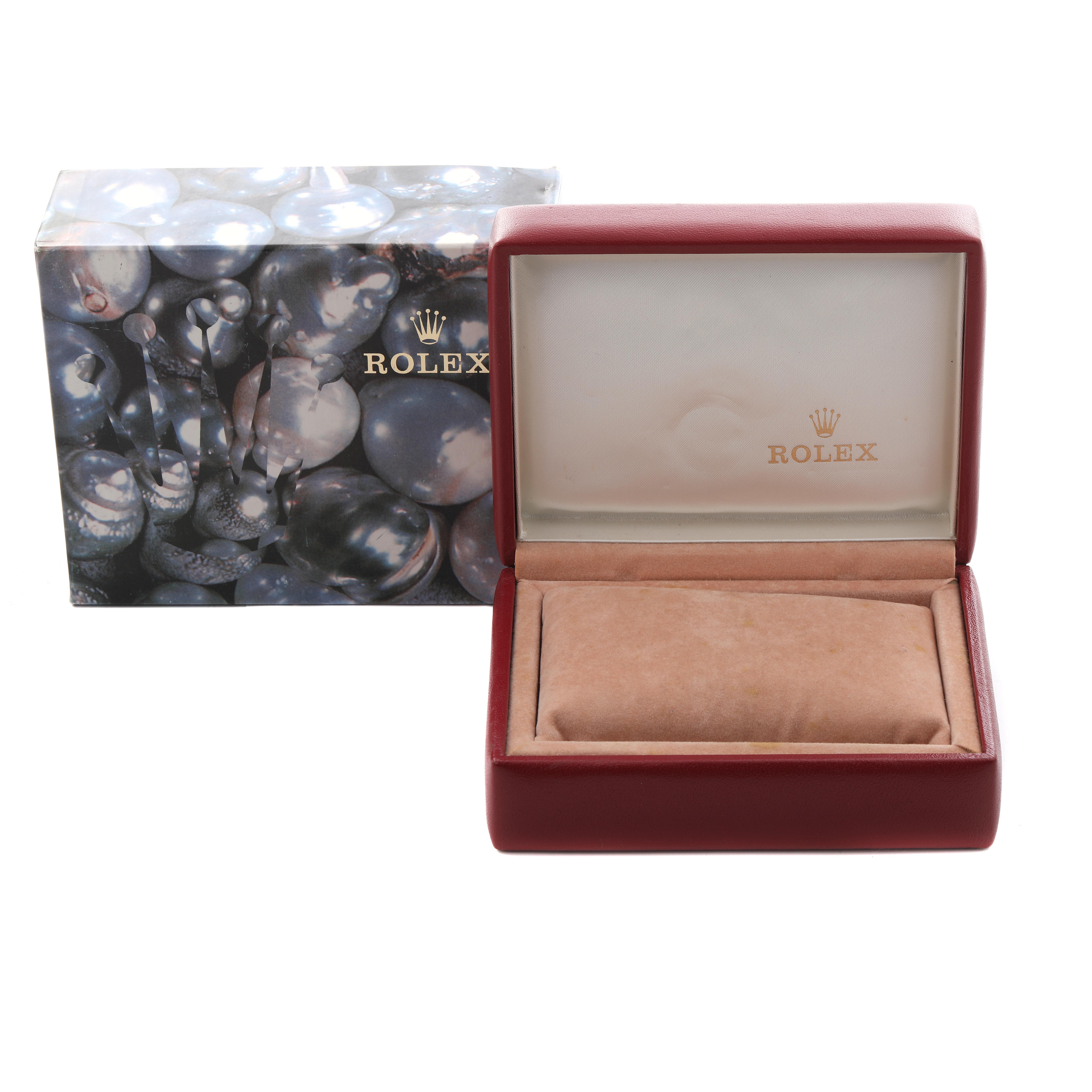 The image shows an empty open Rolex Datejust 69173 Women
s Steel and Gold (two tone) Champagne Dial 69173 Women
s Steel and Gold (two tone) Champagne Dial watch box, with the outer packaging in the background.