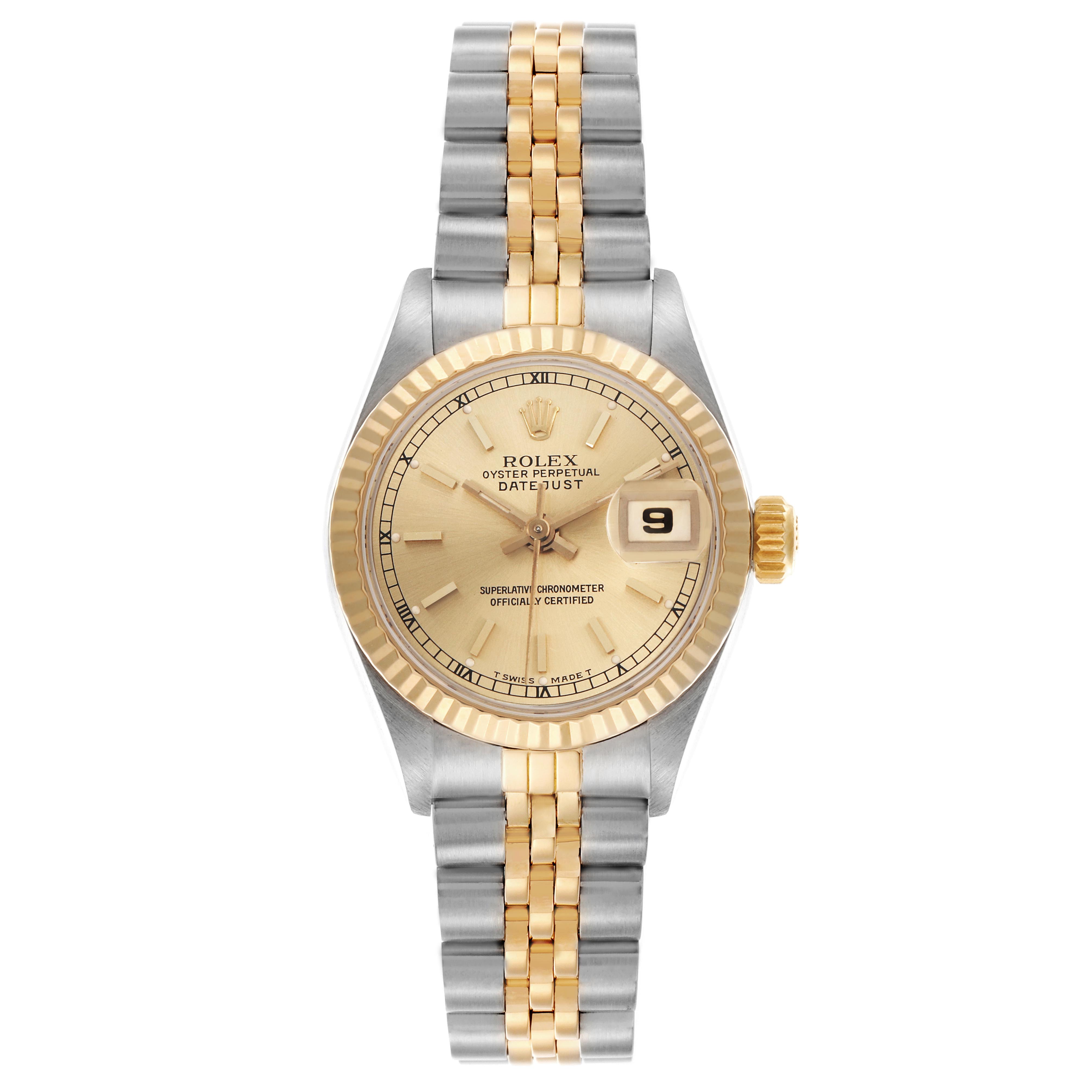The Rolex Datejust 69173 Women
s Steel and Gold (two tone) Champagne Dial 69173 Women
s Steel and Gold (two tone) Champagne Dial watch is shown from the front, displaying its dial, bezel, and Jubilee bracelet.