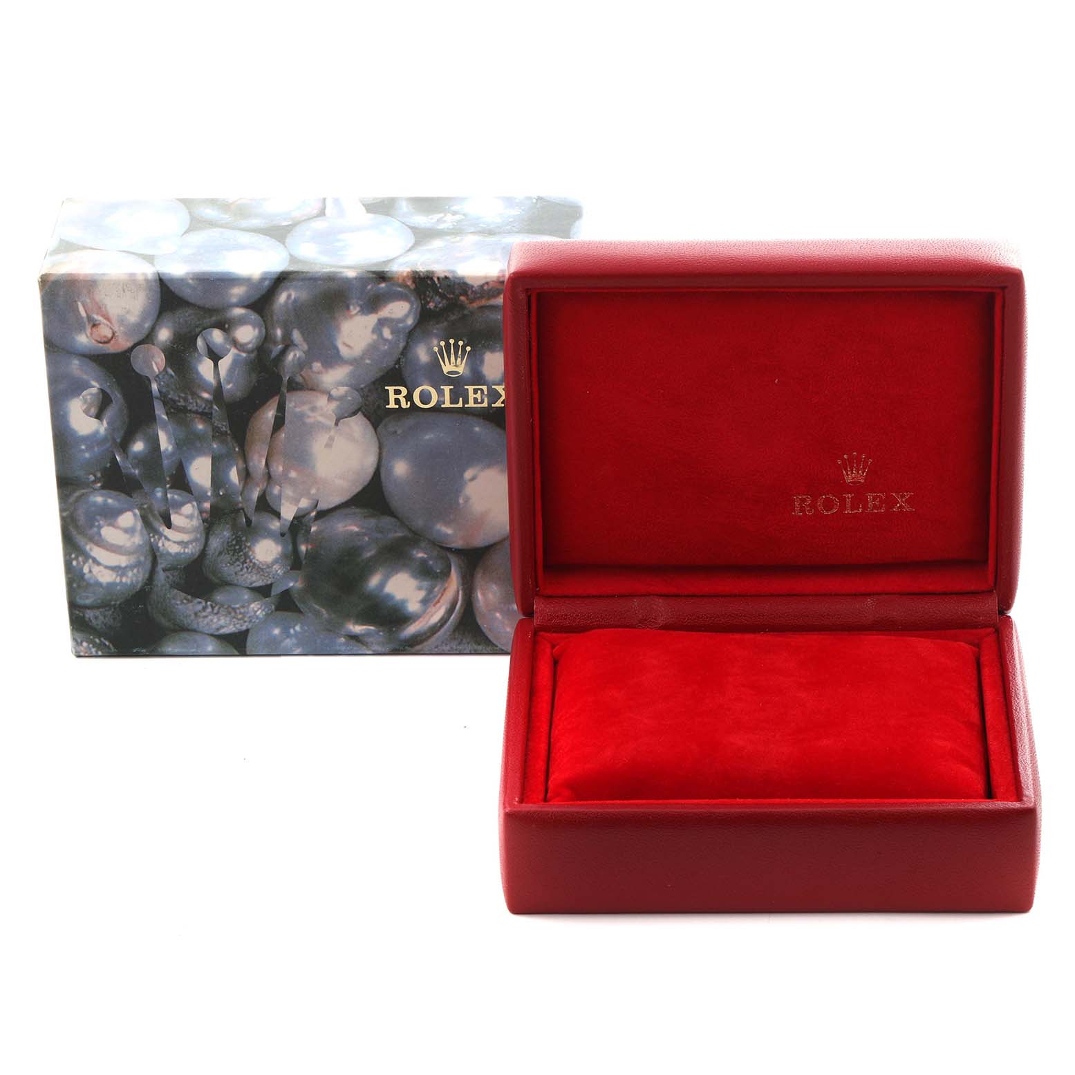 The image shows a Rolex Datejust 69173 Women
s Steel and Gold (two tone) Champagne Dial 69173 Women
s Steel and Gold (two tone) Champagne Dial watch box and decorative outer packaging, viewed from the front.