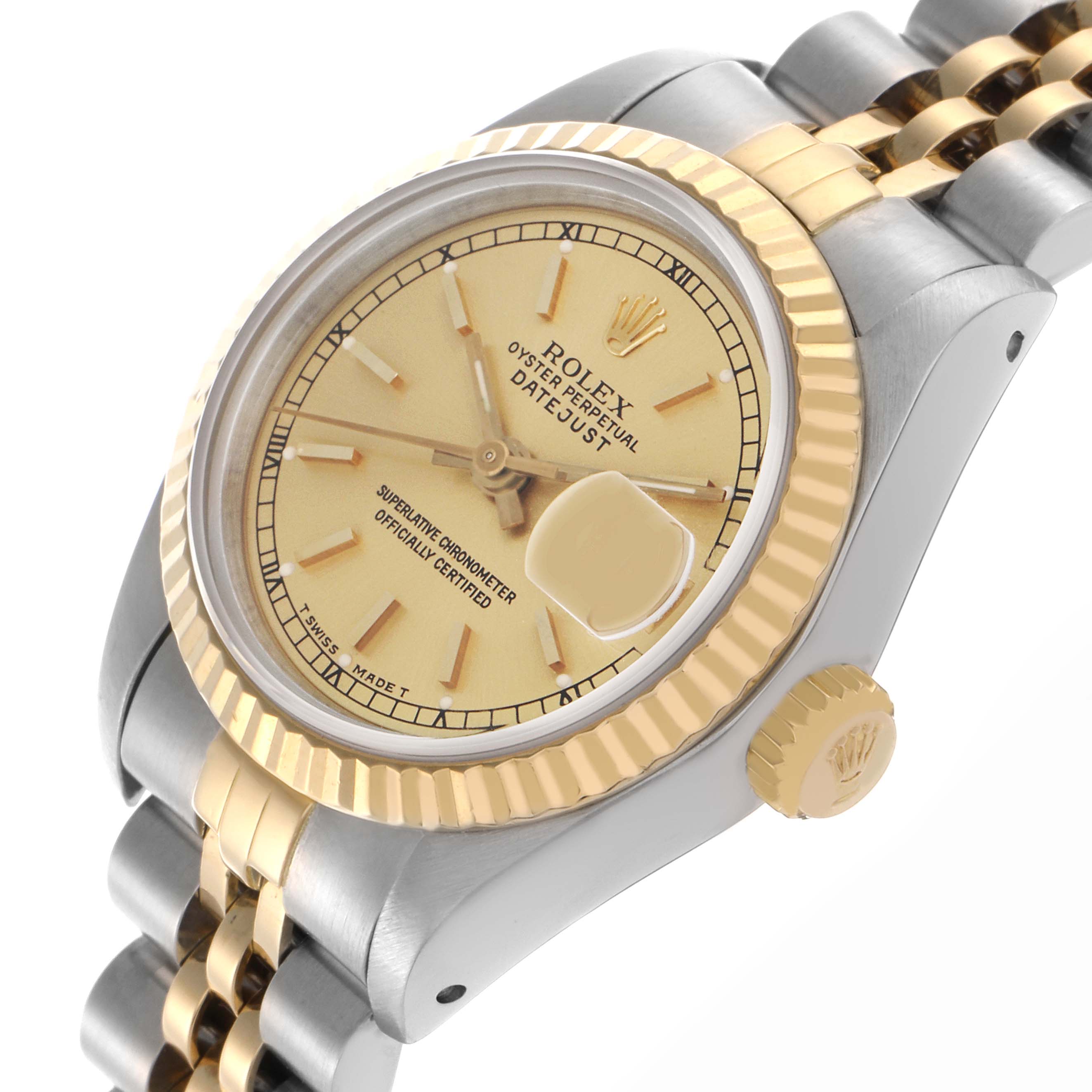 The Rolex Datejust 69173 Women
s Steel and Gold (two tone) Champagne Dial 69173 Women
s Steel and Gold (two tone) Champagne Dial watch is shown from a slightly tilted angle, revealing the gold bezel, crown, and part of the bracelet.