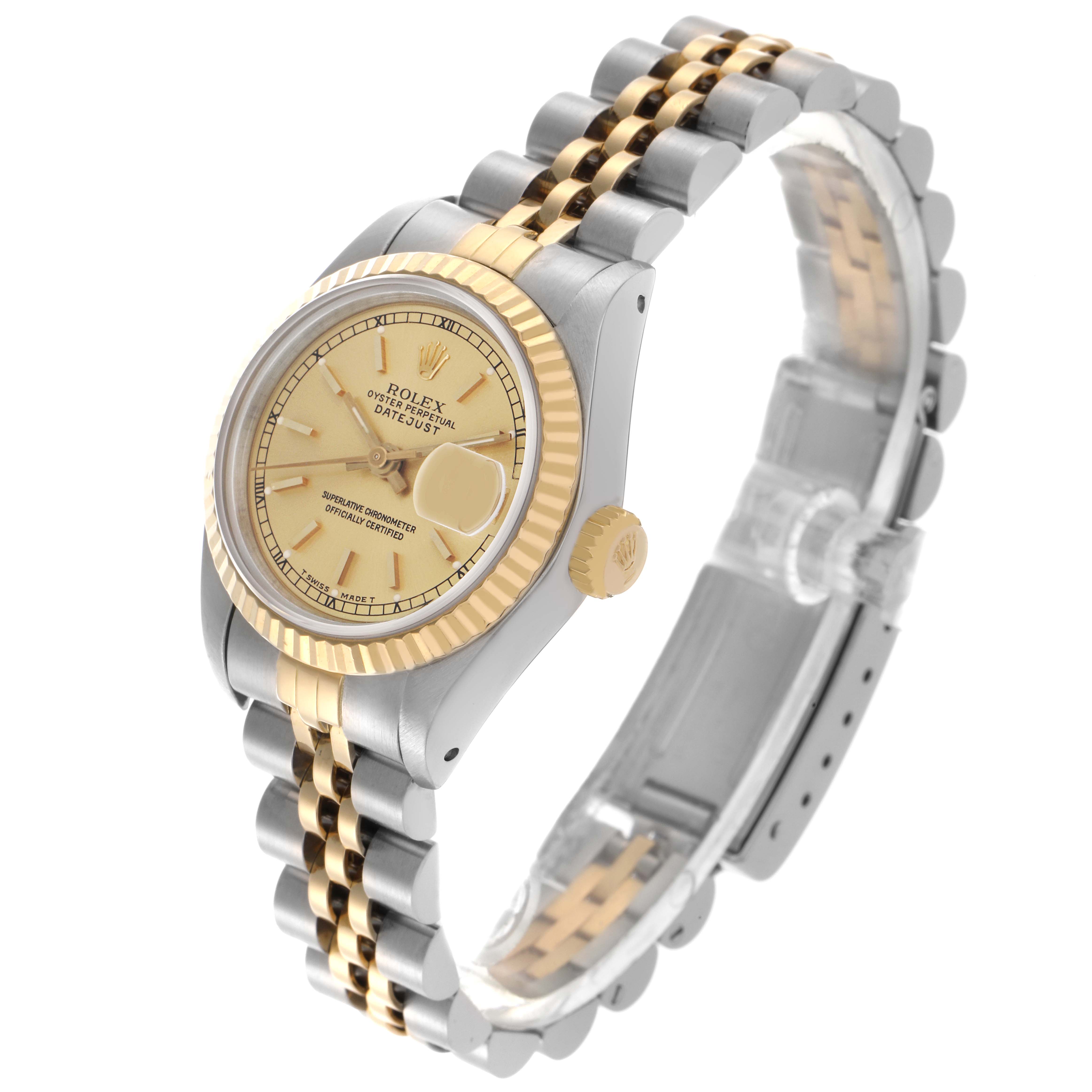 The Rolex Datejust 69173 Women
s Steel and Gold (two tone) Champagne Dial 69173 Women
s Steel and Gold (two tone) Champagne Dial watch is shown at a three-quarter angle, highlighting the face, fluted bezel, crown, and jubilee bracelet.