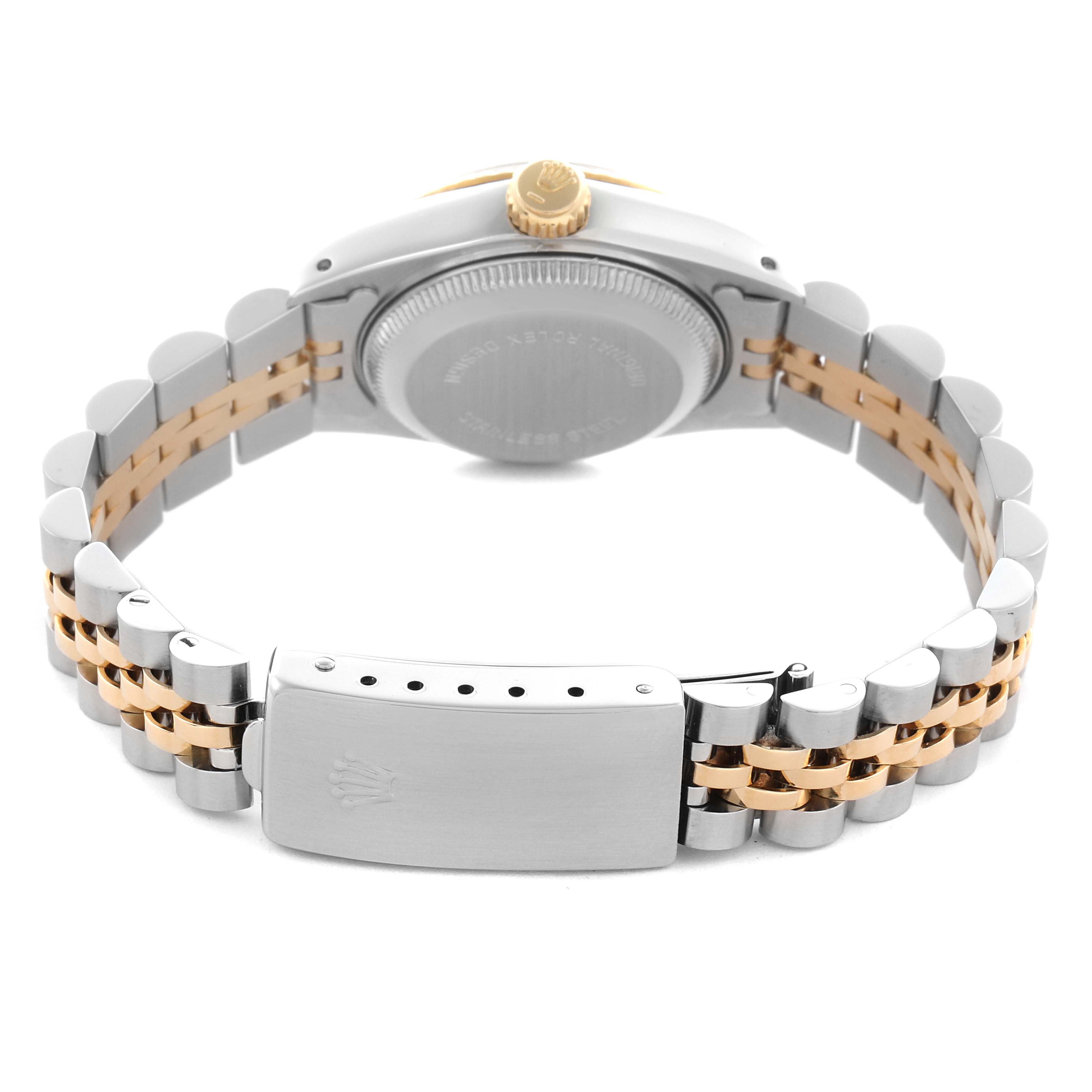 The image shows the back and bracelet of a Rolex Datejust 69173 Women
s Steel and Gold (two tone) Champagne Dial 69173 Women
s Steel and Gold (two tone) Champagne Dial, highlighting the clasp and two-tone links.