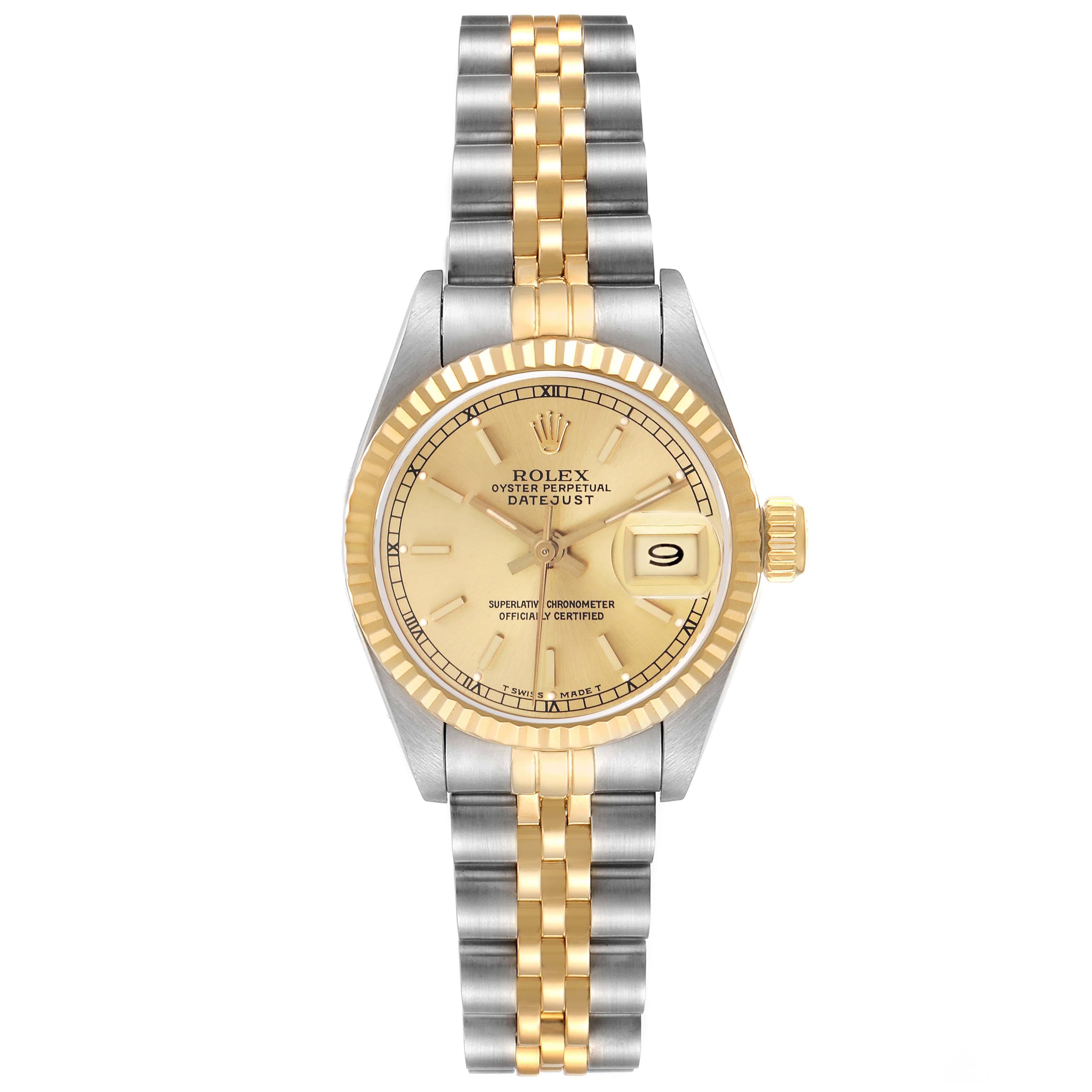 The Rolex Datejust 69173 Women
s Steel and Gold (two tone) Champagne Dial 69173 Women
s Steel and Gold (two tone) Champagne Dial watch is shown from a top-down angle, highlighting the face, bezel, bracelet, and crown.