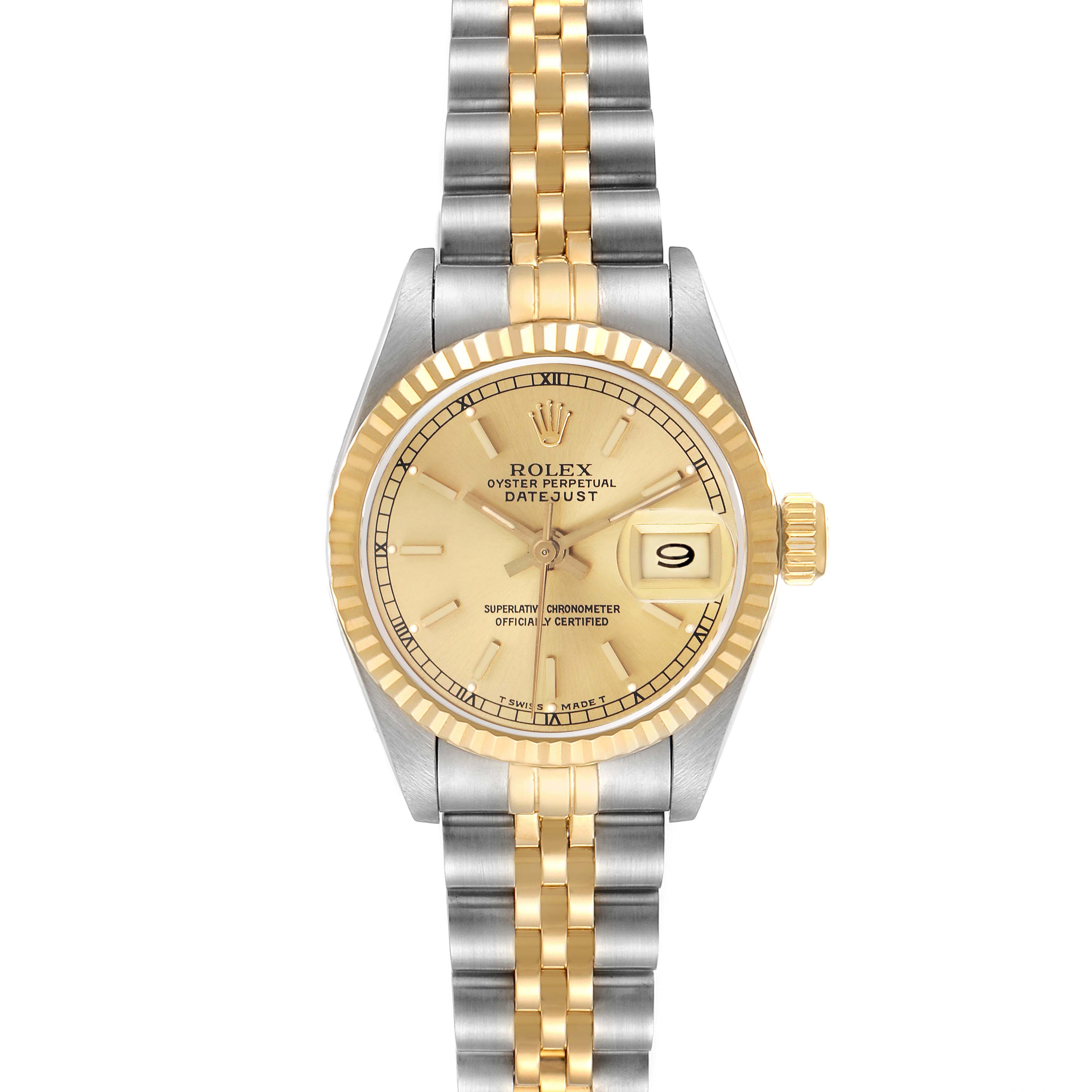 The Rolex Datejust 69173 Women
s Steel and Gold (two tone) Champagne Dial 69173 Women
s Steel and Gold (two tone) Champagne Dial watch is shown from the front, displaying its gold dial, bezel, and two-tone jubilee bracelet.