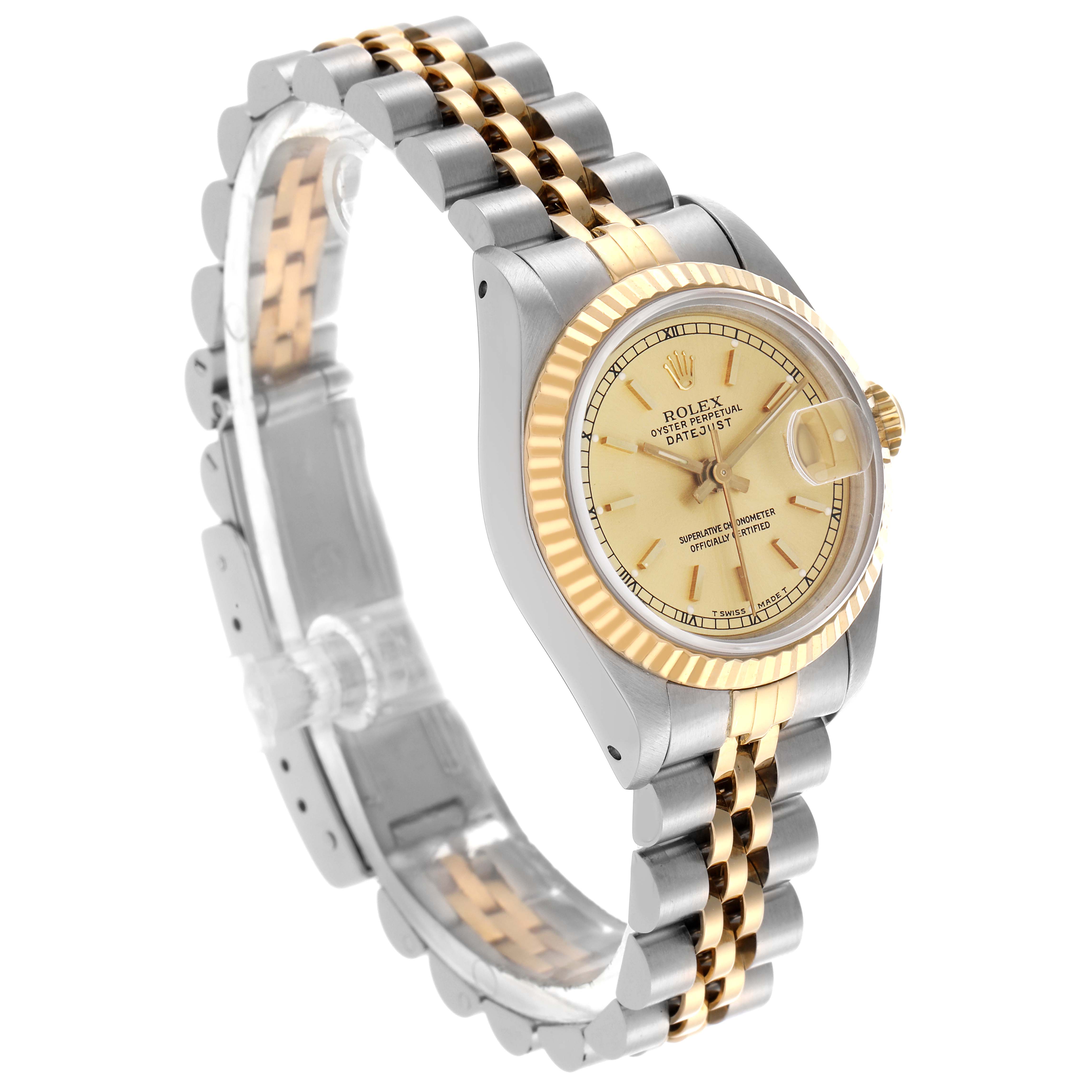 The Rolex Datejust 69173 Women
s Steel and Gold (two tone) Champagne Dial 69173 Women
s Steel and Gold (two tone) Champagne Dial watch is shown at a three-quarter angle, highlighting the bezel, dial, and Jubilee bracelet.
