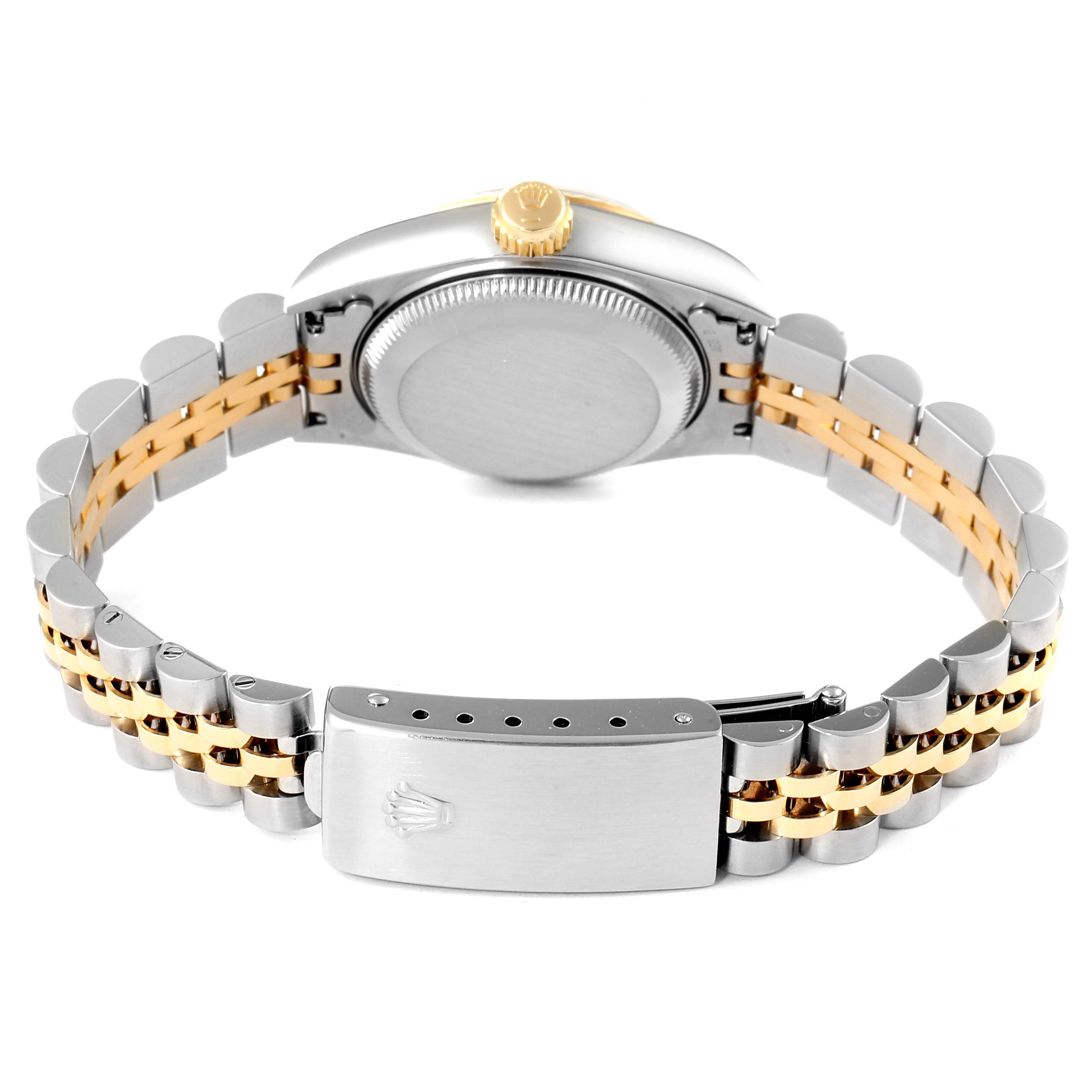 This image shows the back view of a Rolex Datejust 69173 Women's Steel and Gold (two tone) Blue Dial 69173 Women's Steel and Gold (two tone) Blue Dial, highlighting the case back, crown, and two-tone Jubilee bracelet with the clasp.