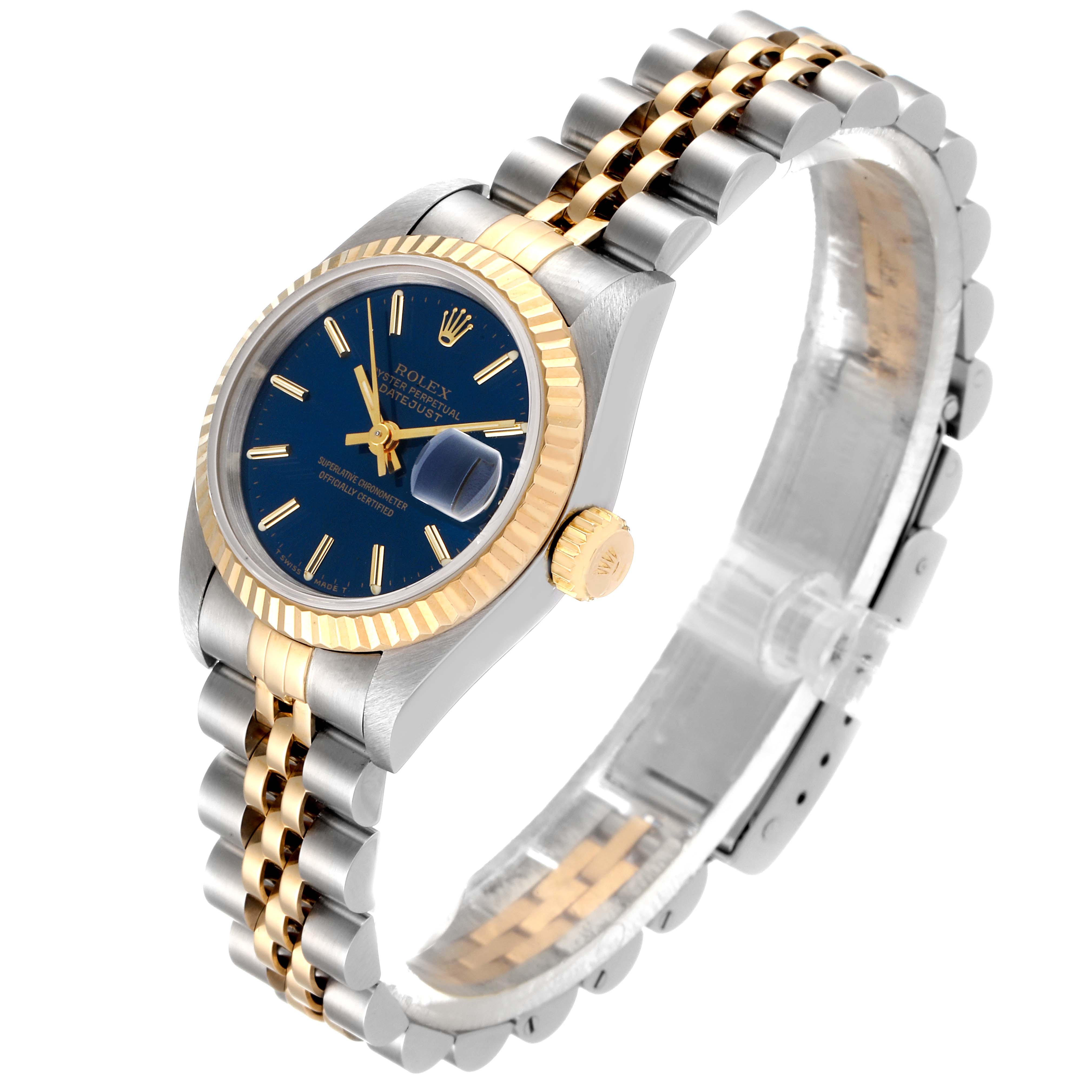 The image shows a Rolex Datejust 69173 Women's Steel and Gold (two tone) Blue Dial 69173 Women's Steel and Gold (two tone) Blue Dial watch angled from the front-left, highlighting its face, bezel, crown, and bracelet.