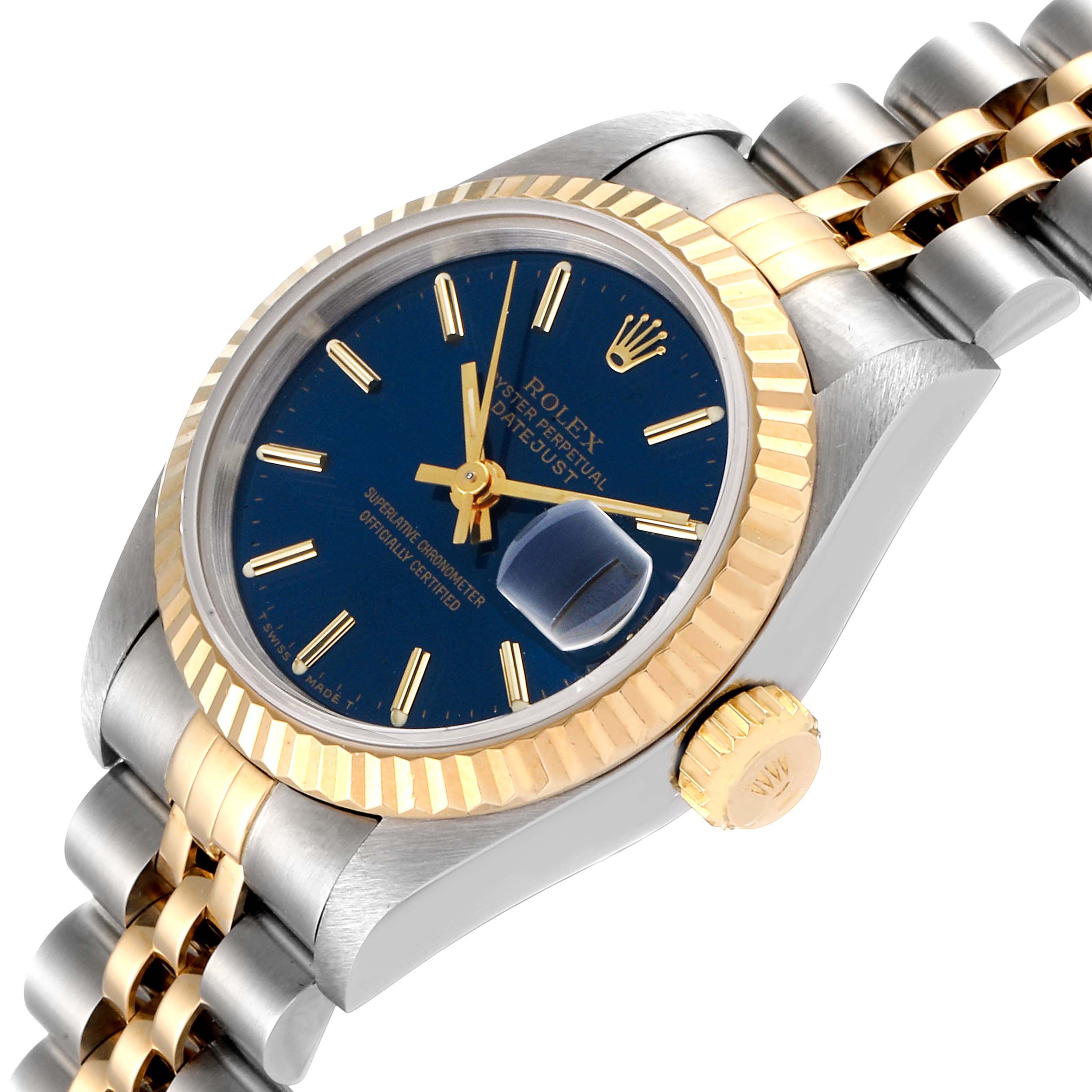 This image shows a Rolex Datejust 69173 Women's Steel and Gold (two tone) Blue Dial 69173 Women's Steel and Gold (two tone) Blue Dial watch at a slight side angle, highlighting the dial, bezel, crown, and part of the bracelet.