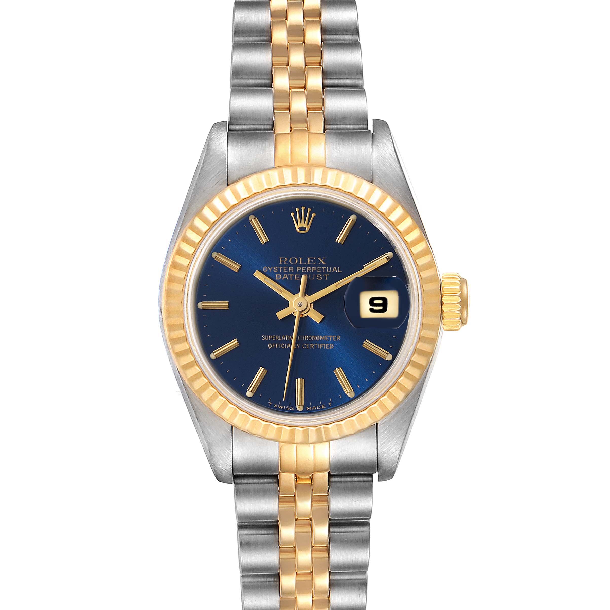 The Rolex Datejust 69173 Women's Steel and Gold (two tone) Blue Dial 69173 Women's Steel and Gold (two tone) Blue Dial watch is shown from a direct top-down angle displaying the face, bezel, and part of the bracelet.