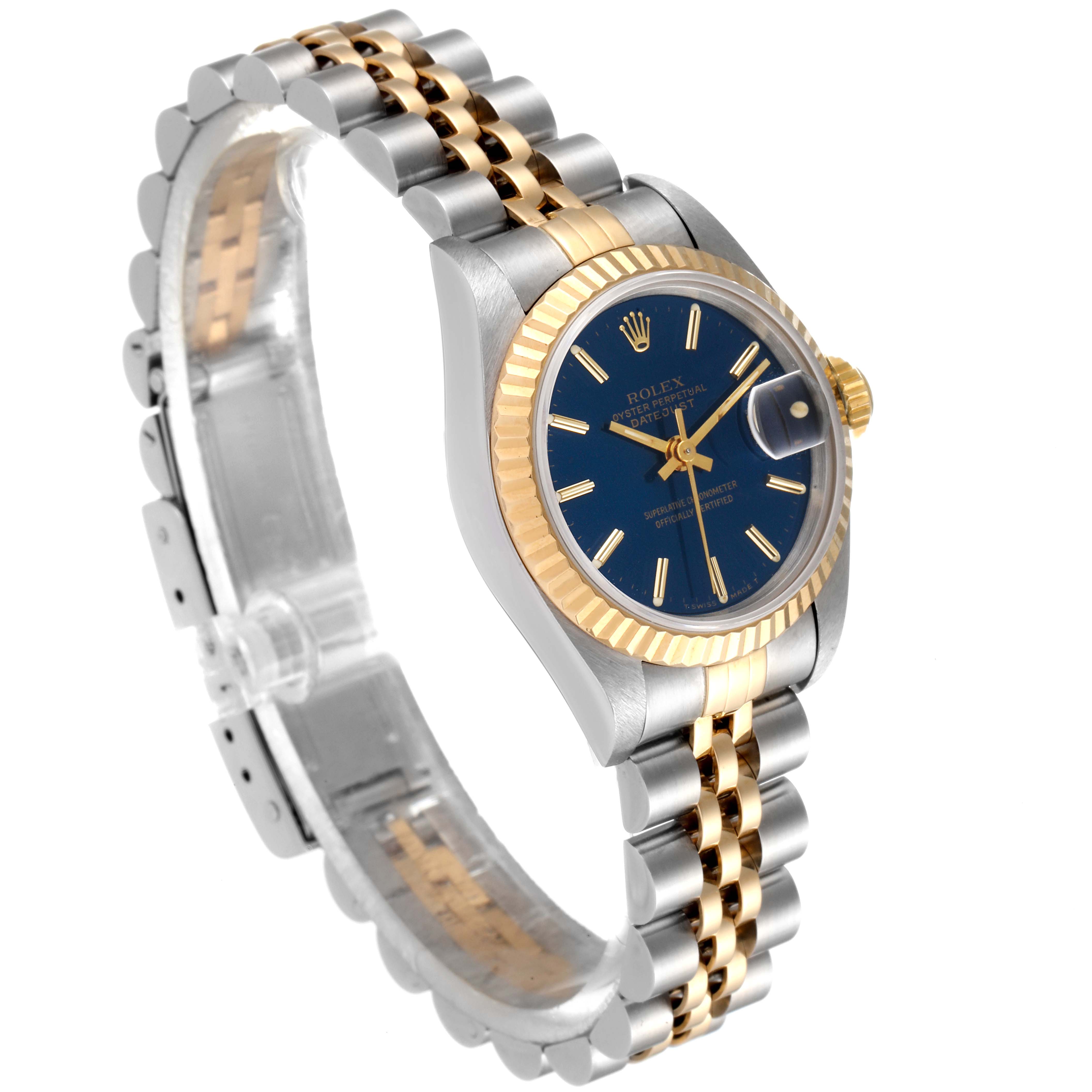 This image shows a Rolex Datejust 69173 Women's Steel and Gold (two tone) Blue Dial 69173 Women's Steel and Gold (two tone) Blue Dial watch at a three-quarter angle, highlighting its bezel, crown, dial, and two-tone bracelet.
