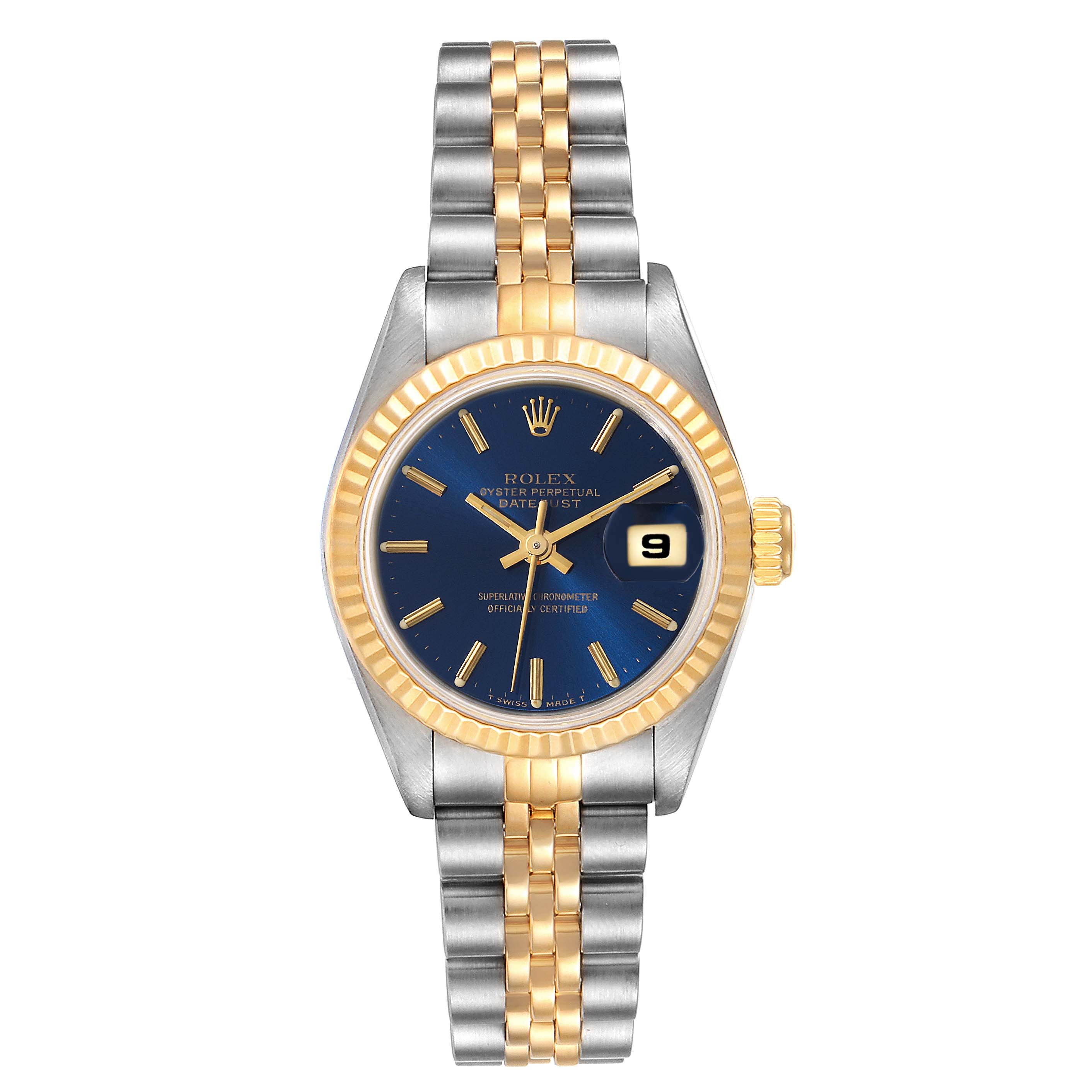 The image shows the front view of a Rolex Datejust 69173 Women's Steel and Gold (two tone) Blue Dial 69173 Women's Steel and Gold (two tone) Blue Dial model, displaying its blue dial, two-tone bracelet, and date window.