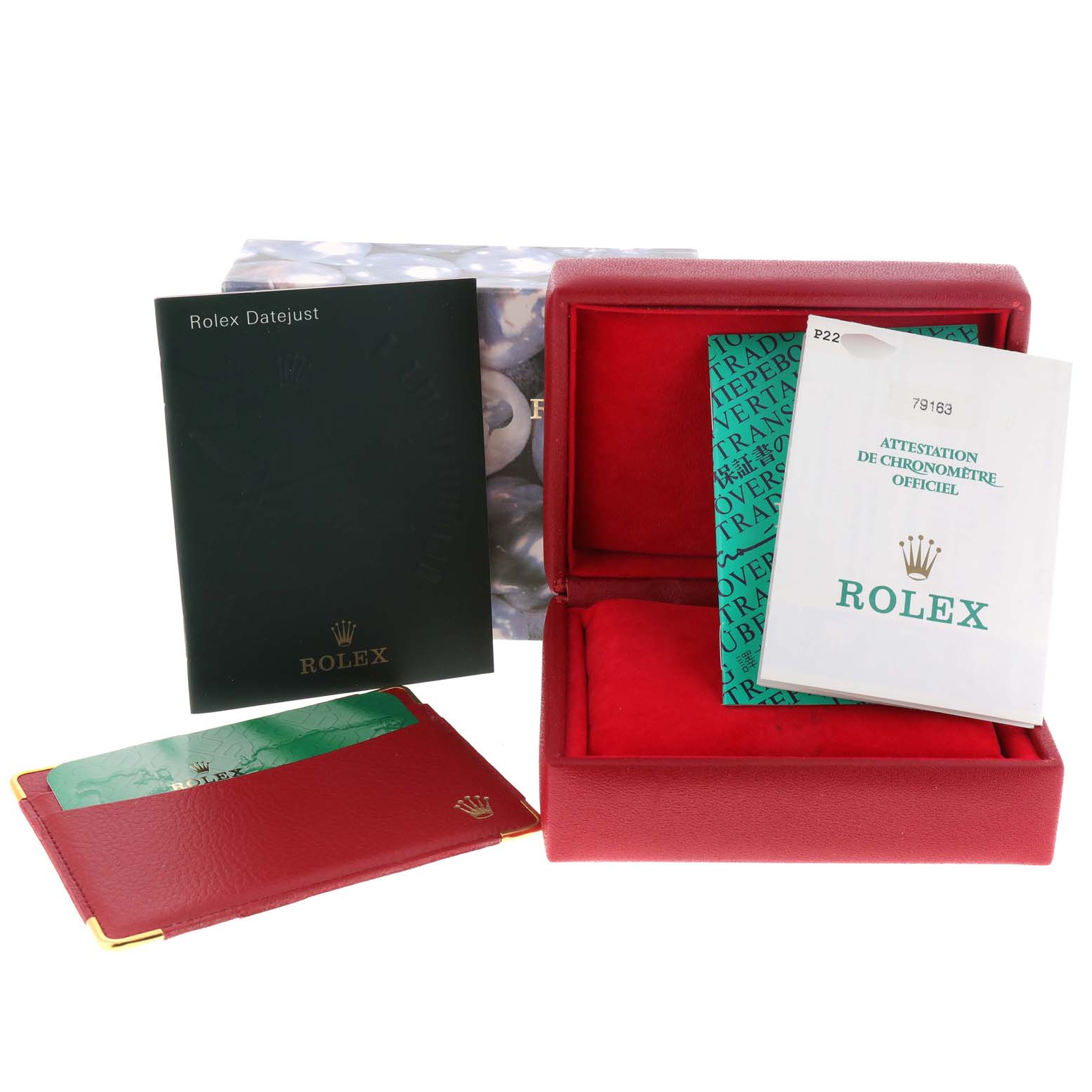 The image shows a Rolex Datejust 79163 Women's Steel and Gold (two tone) Mother of Pearl Dial 79163 Women's Steel and Gold (two tone) Mother of Pearl Dial watch box, warranty booklet, official chronometer certification, and a red cardholder.