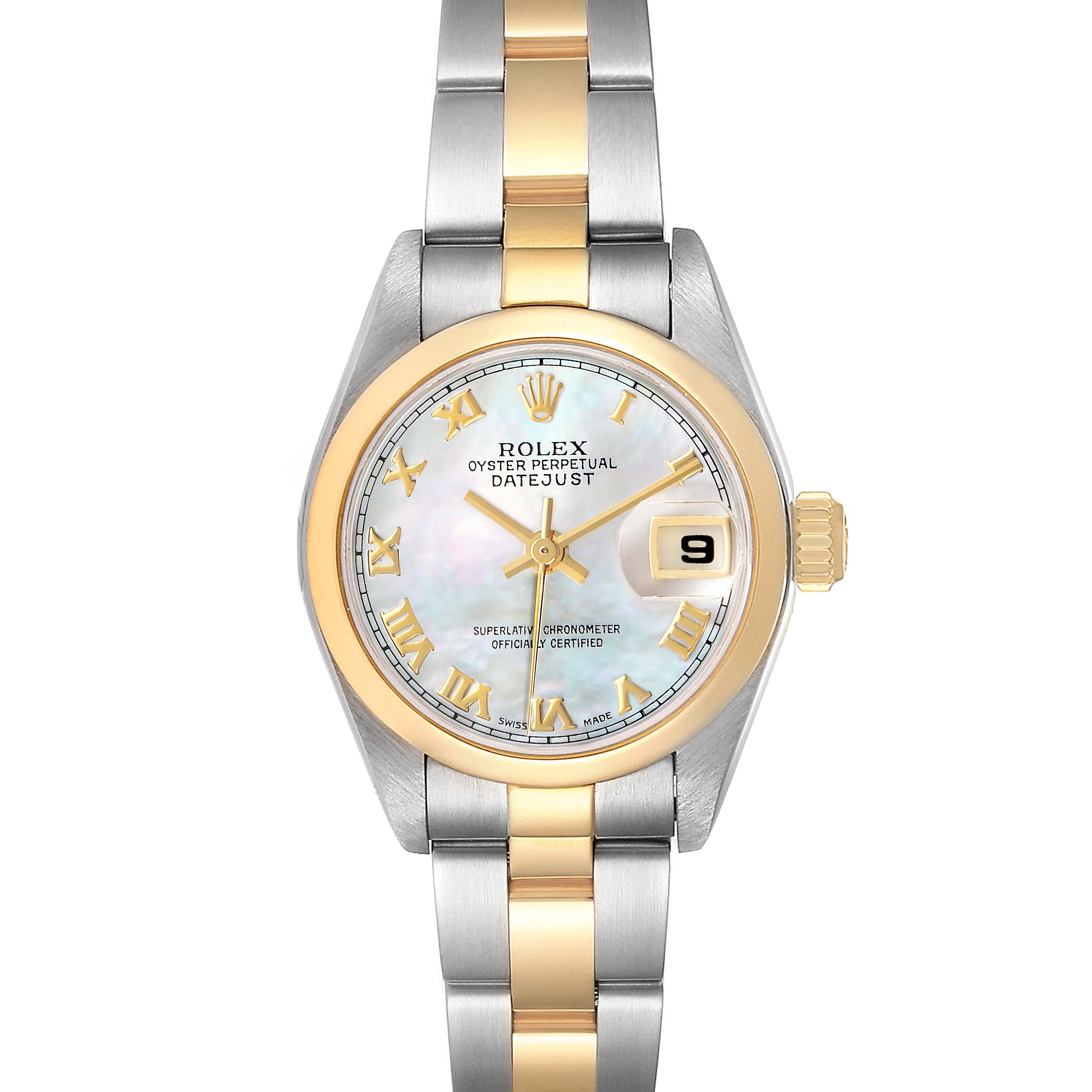 The image shows a front view of a Rolex Datejust 79163 Women's Steel and Gold (two tone) Mother of Pearl Dial 79163 Women's Steel and Gold (two tone) Mother of Pearl Dial watch, featuring a two-tone bracelet, mother-of-pearl dial, and date window.