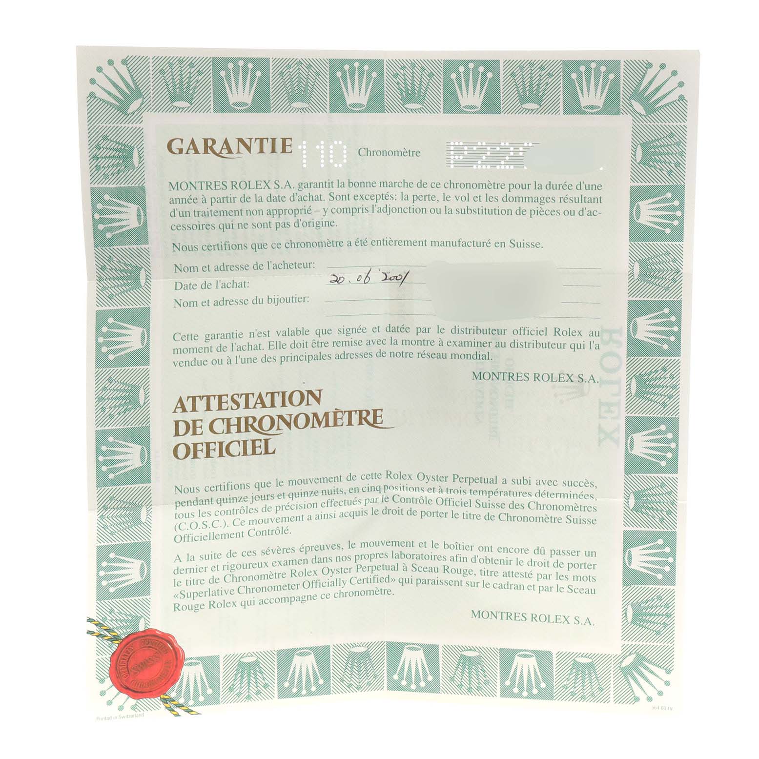 The image shows the warranty and certification document for a Rolex Datejust 79163 Women's Steel and Gold (two tone) Mother of Pearl Dial 79163 Women's Steel and Gold (two tone) Mother of Pearl Dial model.