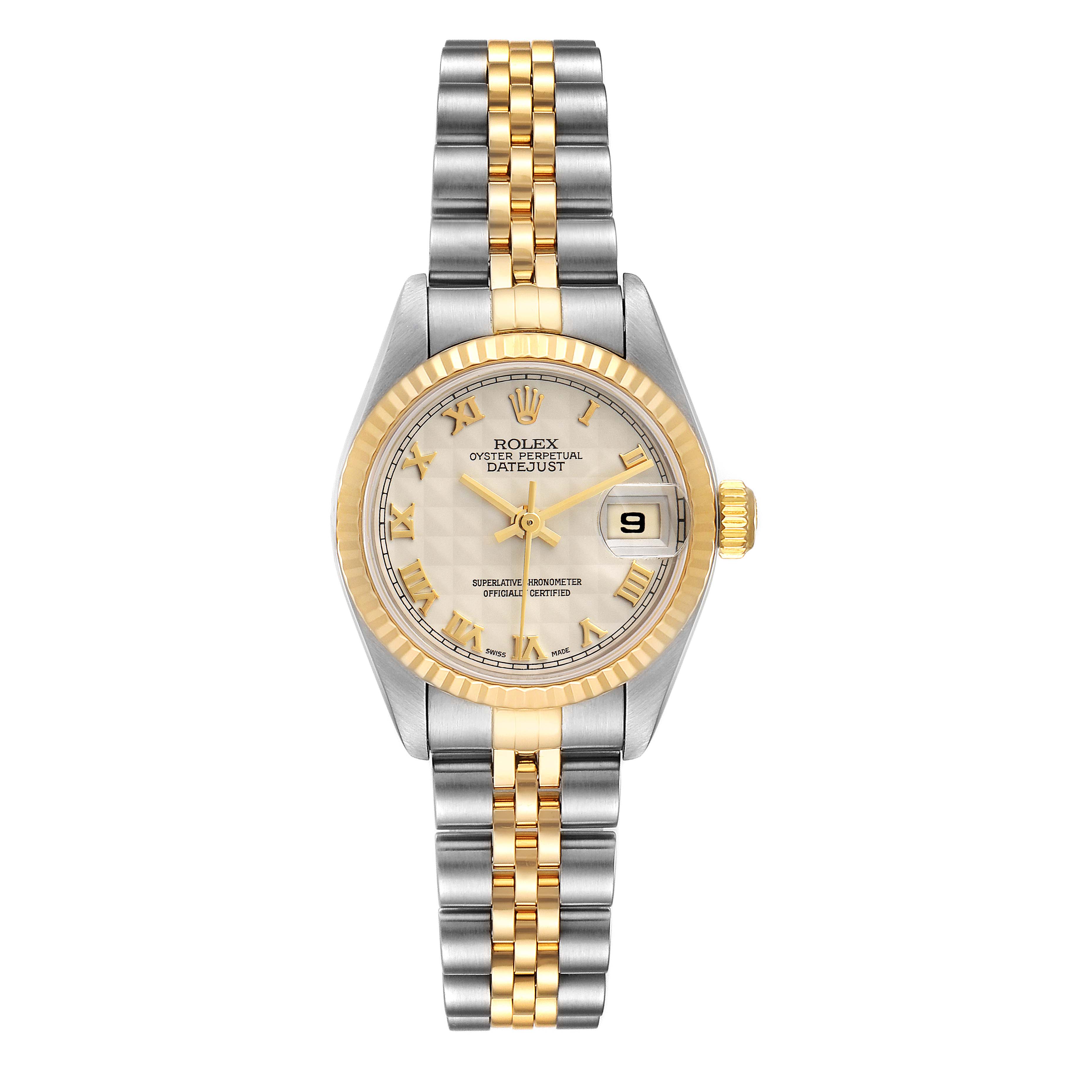The image shows a frontal view of a Rolex Datejust 79173 Women
s Steel and Gold (two tone) Beige Dial 79173 Women
s Steel and Gold (two tone) Beige Dial watch, displaying its two-tone bracelet, dial, and date window.
