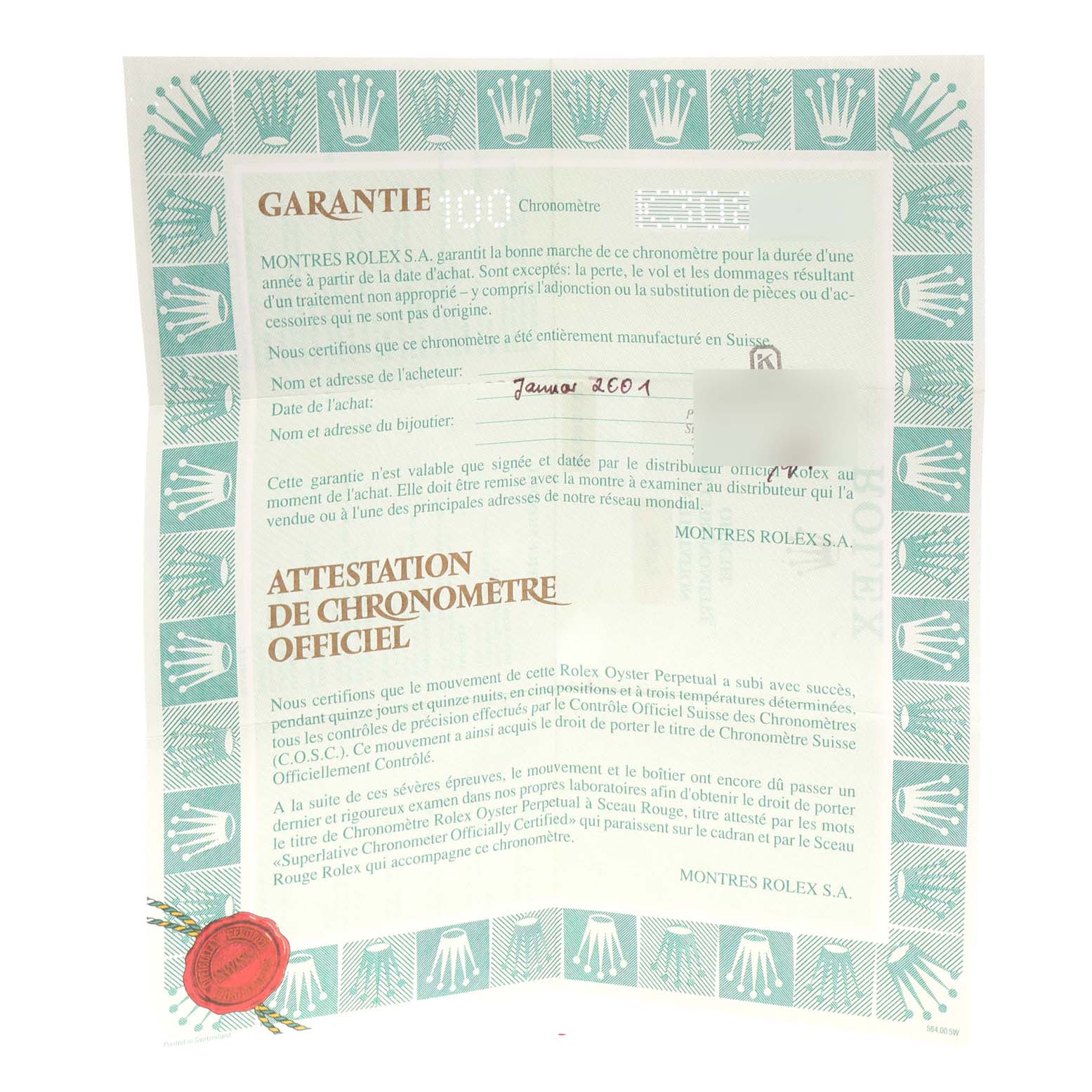 This image shows the warranty certificate for a Rolex Datejust 79173 Women
s Steel and Gold (two tone) Beige Dial 79173 Women
s Steel and Gold (two tone) Beige Dial watch, featuring the brand
s logo and official text.