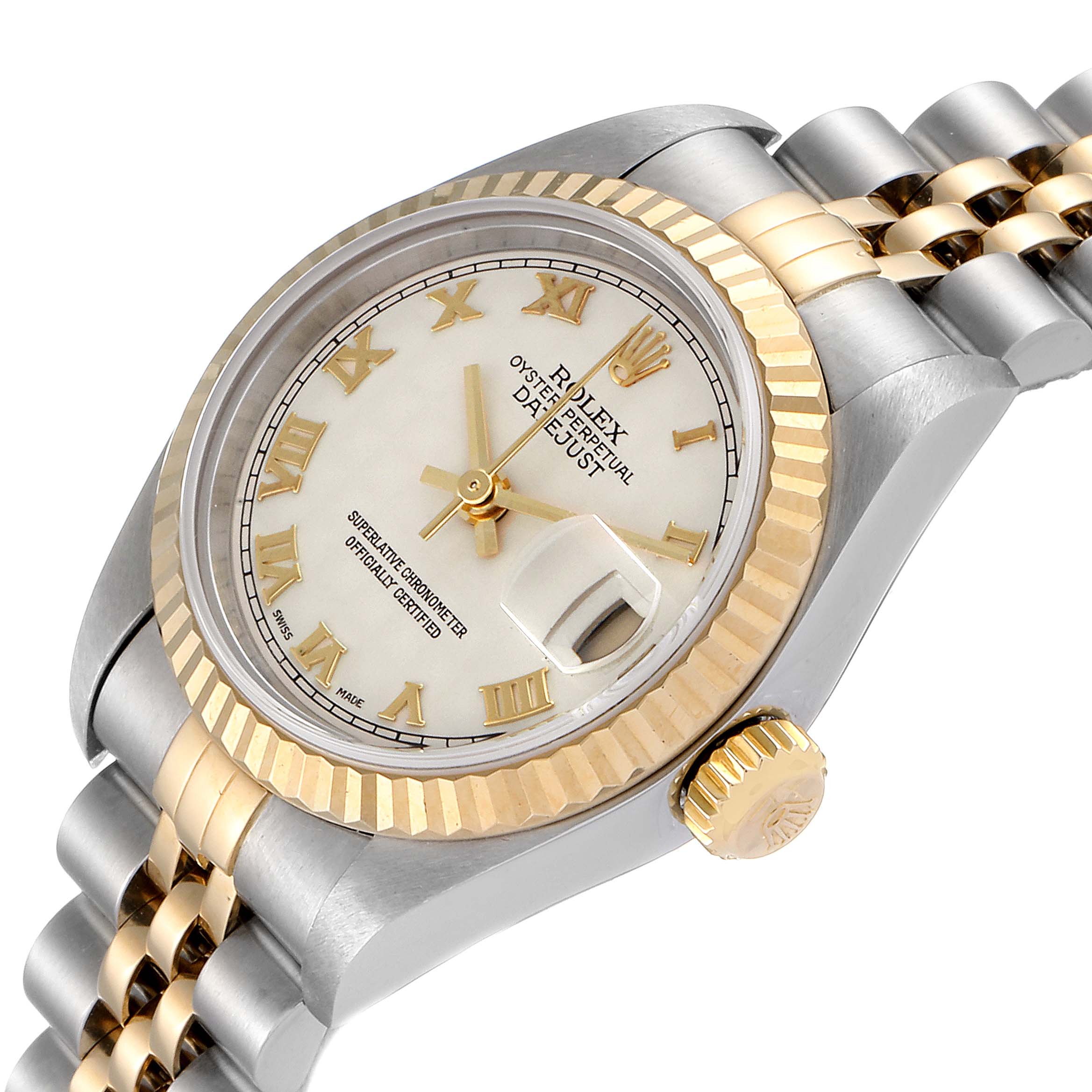 This image shows a Rolex Datejust 79173 Women
s Steel and Gold (two tone) Beige Dial 79173 Women
s Steel and Gold (two tone) Beige Dial watch from a slight side angle, focusing on the dial, bezel, crown, and bracelet.