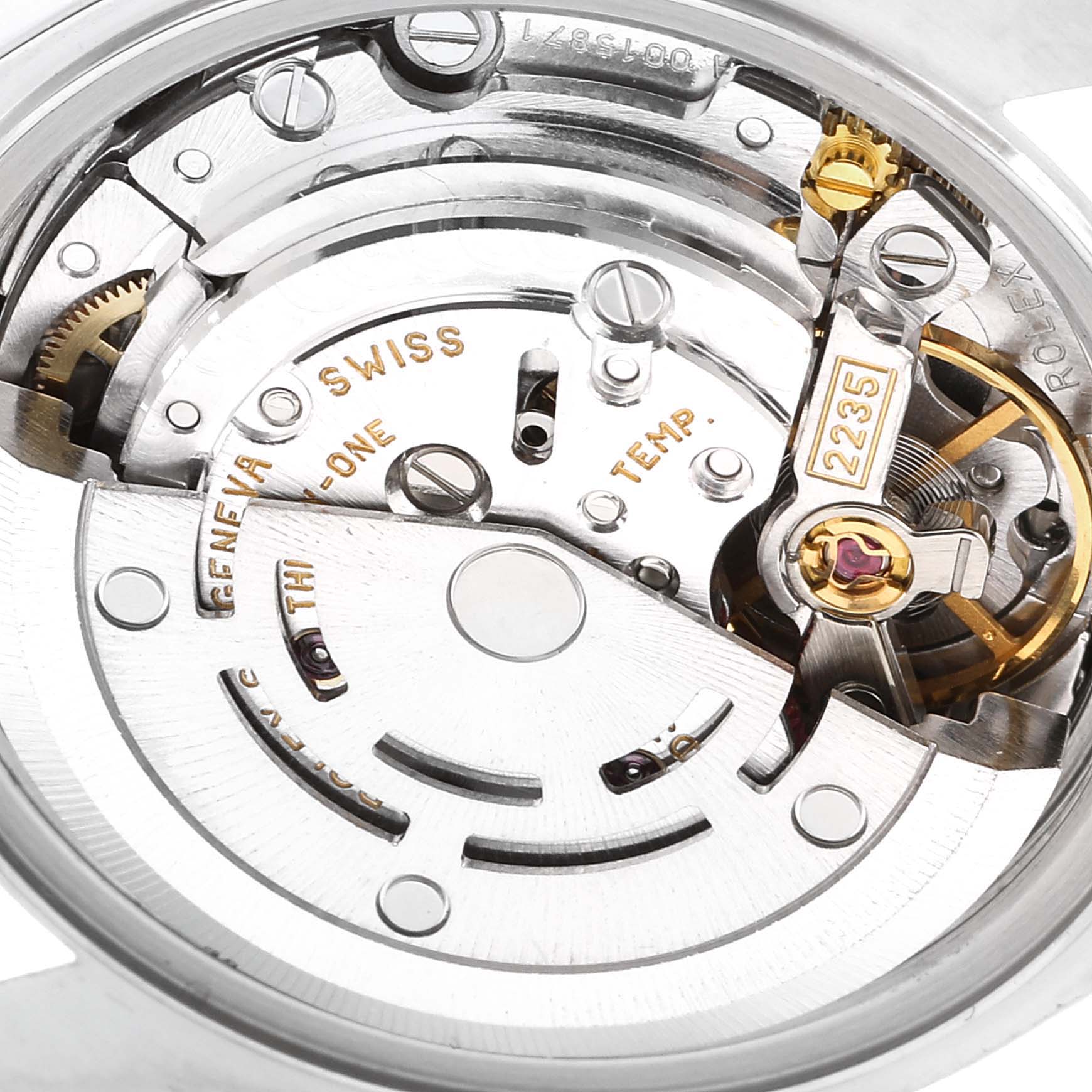 This image shows a close-up view of the movement mechanism inside a Rolex Datejust 79173 Women
s Steel and Gold (two tone) Beige Dial 79173 Women
s Steel and Gold (two tone) Beige Dial watch.