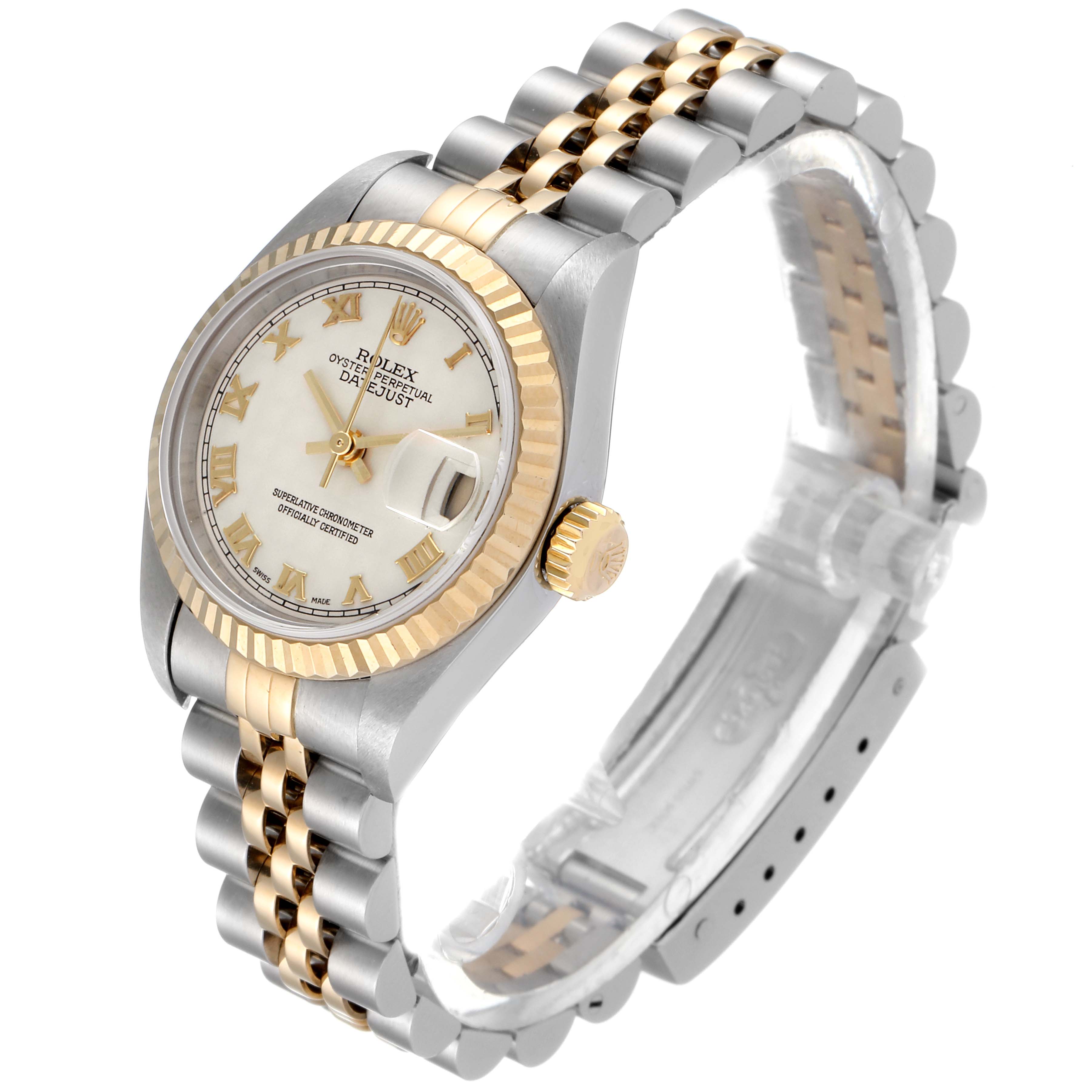 This Rolex Datejust 79173 Women
s Steel and Gold (two tone) Beige Dial 79173 Women
s Steel and Gold (two tone) Beige Dial watch is shown at a three-quarter angle, highlighting the dial, crown, and two-tone bracelet.
