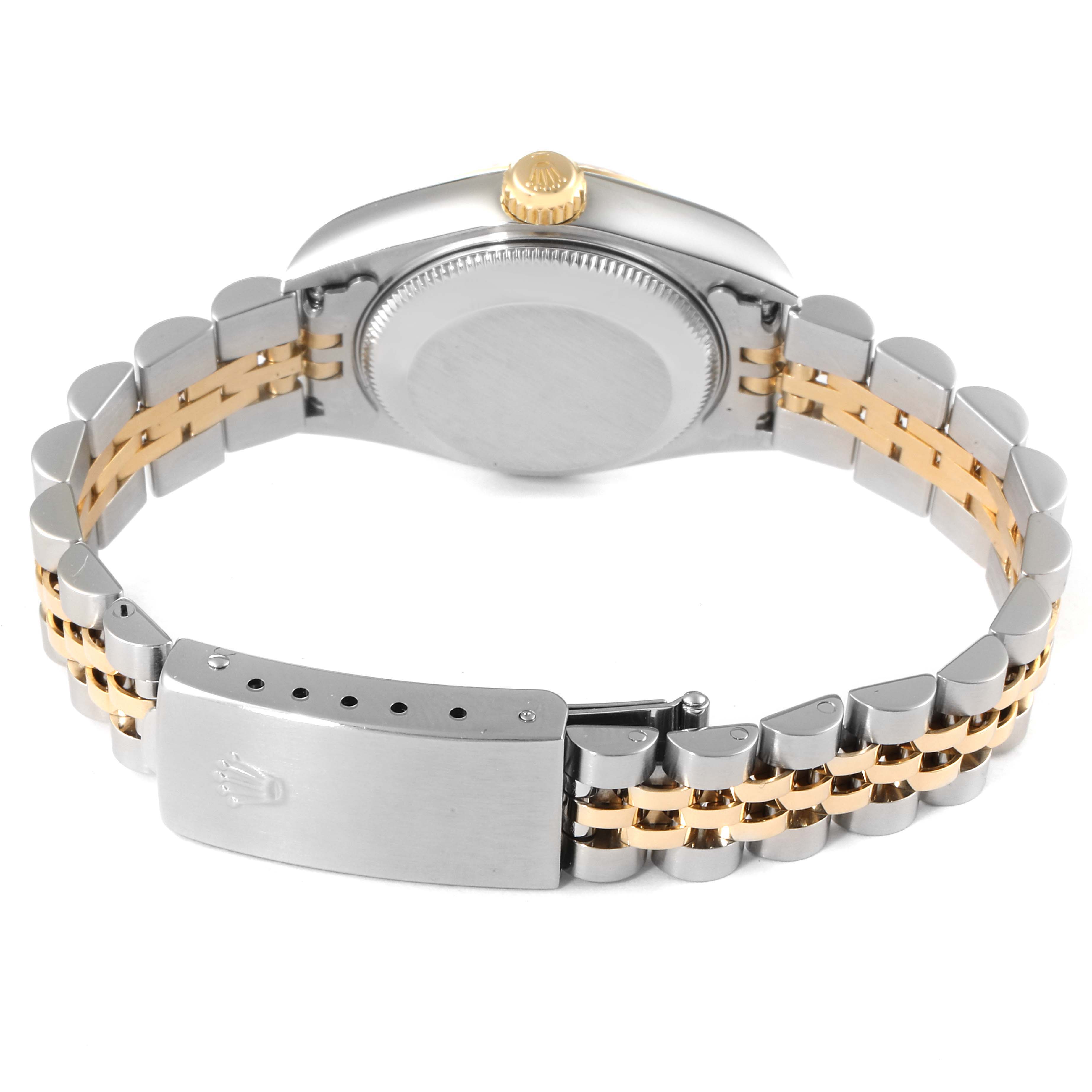 The image shows the back case and two-tone bracelet of a Rolex Datejust 79173 Women
s Steel and Gold (two tone) Beige Dial 79173 Women
s Steel and Gold (two tone) Beige Dial watch from a rear angle.