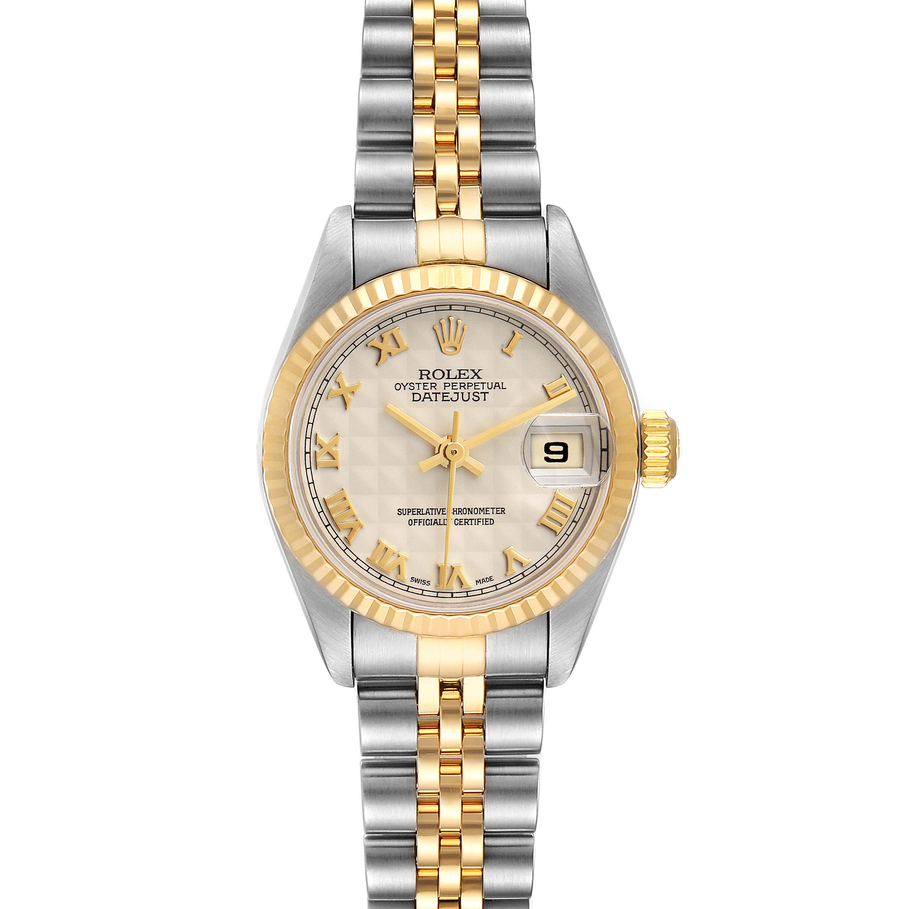This image shows the front face and bracelet of the Rolex Datejust 79173 Women
s Steel and Gold (two tone) Beige Dial 79173 Women
s Steel and Gold (two tone) Beige Dial watch.
