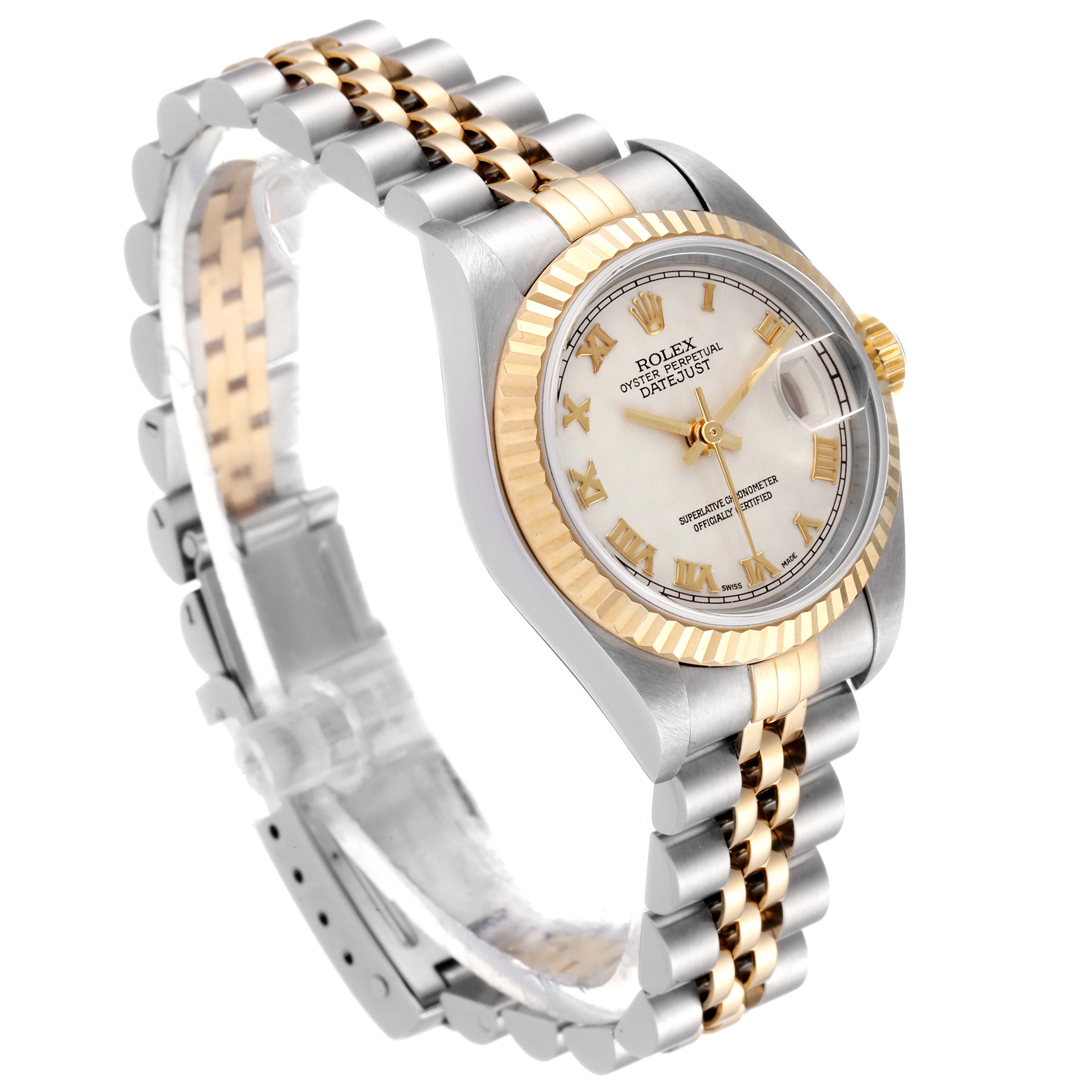 The Rolex Datejust 79173 Women
s Steel and Gold (two tone) Beige Dial 79173 Women
s Steel and Gold (two tone) Beige Dial watch is shown at a slight angle, displaying the face, bezel, and part of the two-tone bracelet.