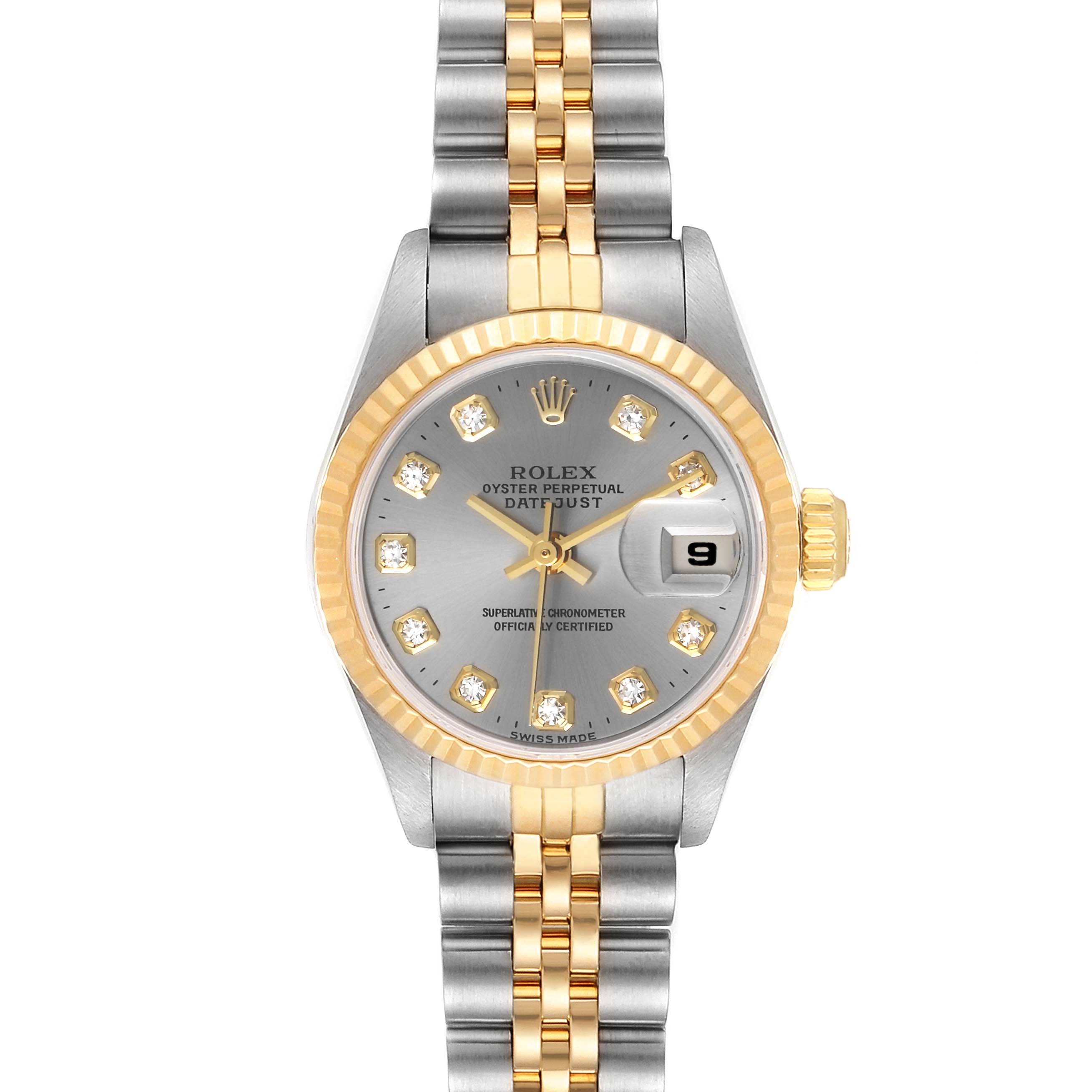 This Rolex Datejust 69173 Women's Steel and Gold (two tone) Silver Dial 69173 Women's Steel and Gold (two tone) Silver Dial watch is shown from a top-down angle, highlighting its two-tone bracelet, fluted bezel, and date window.
