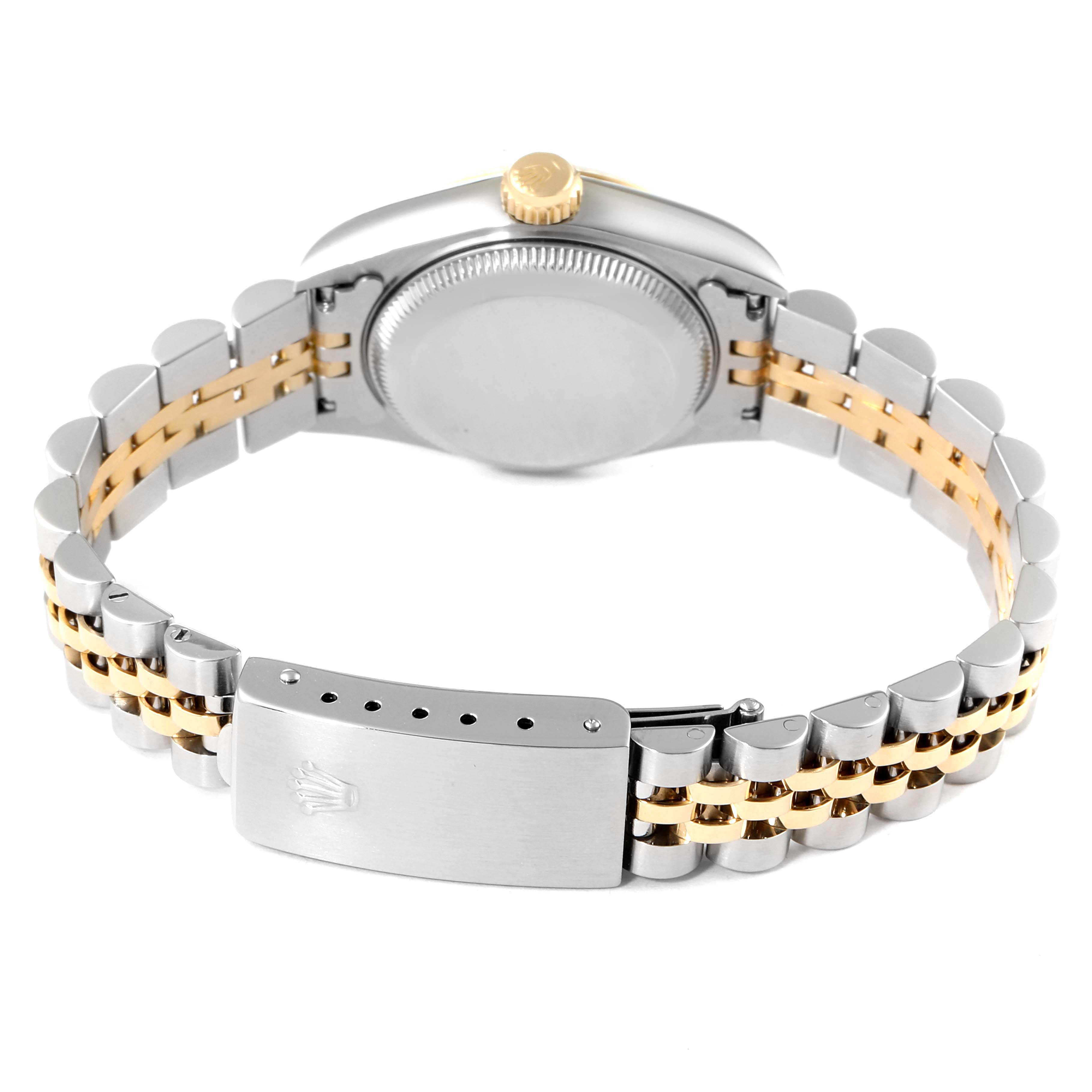 The image displays the back view of a Rolex Datejust 69173 Women's Steel and Gold (two tone) Silver Dial 69173 Women's Steel and Gold (two tone) Silver Dial watch, showing the gold crown, case back, and two-tone bracelet with clasp.