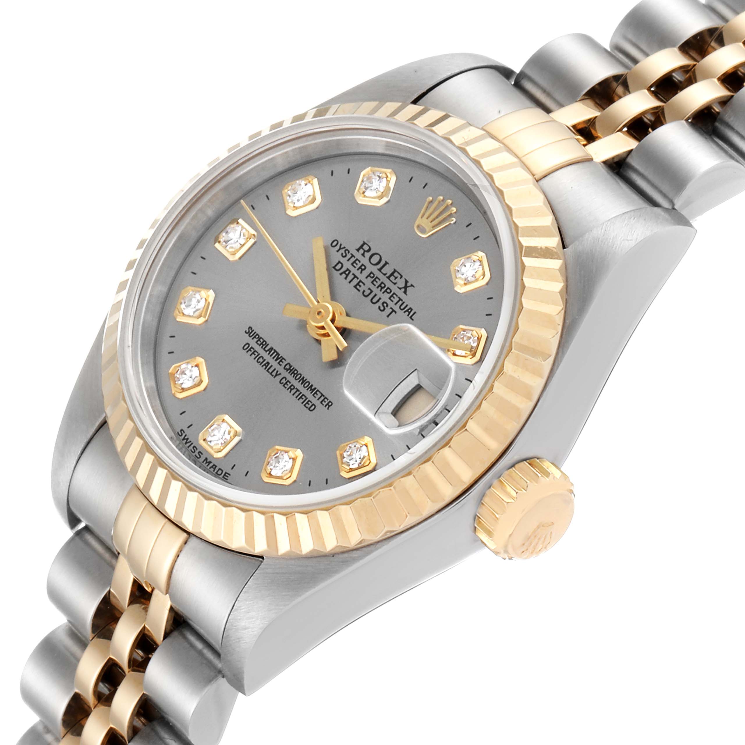 The image shows a Rolex Datejust 69173 Women's Steel and Gold (two tone) Silver Dial 69173 Women's Steel and Gold (two tone) Silver Dial watch at an angled view displaying the watch face, bezel, crown, and bracelet.