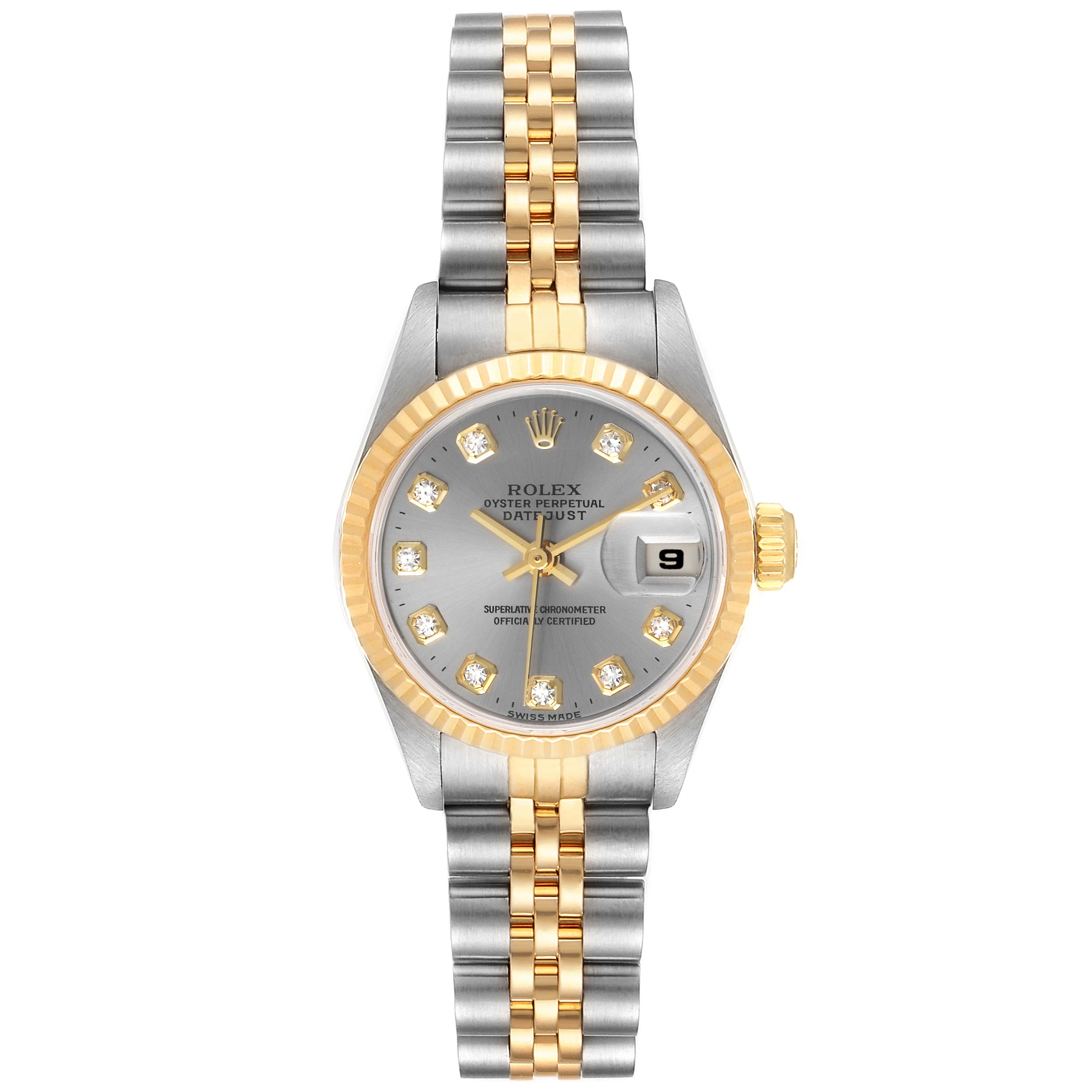 The image shows a full frontal view of a Rolex Datejust 69173 Women's Steel and Gold (two tone) Silver Dial 69173 Women's Steel and Gold (two tone) Silver Dial watch, displaying the dial, bezel, and bracelet.