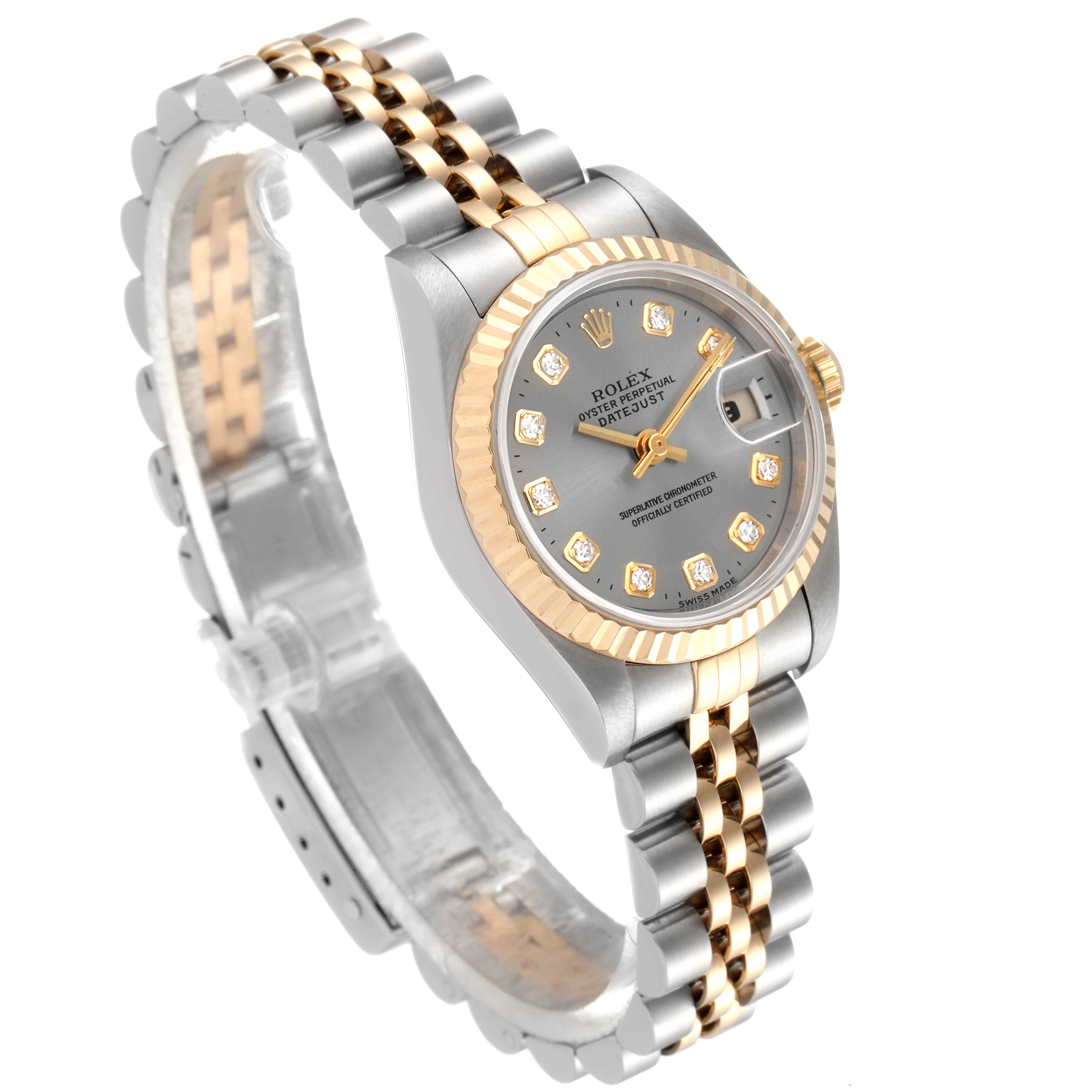 The Rolex Datejust 69173 Women's Steel and Gold (two tone) Silver Dial 69173 Women's Steel and Gold (two tone) Silver Dial watch is shown at a three-quarter angle, displaying its two-tone bracelet, fluted bezel, and diamond-set dial.