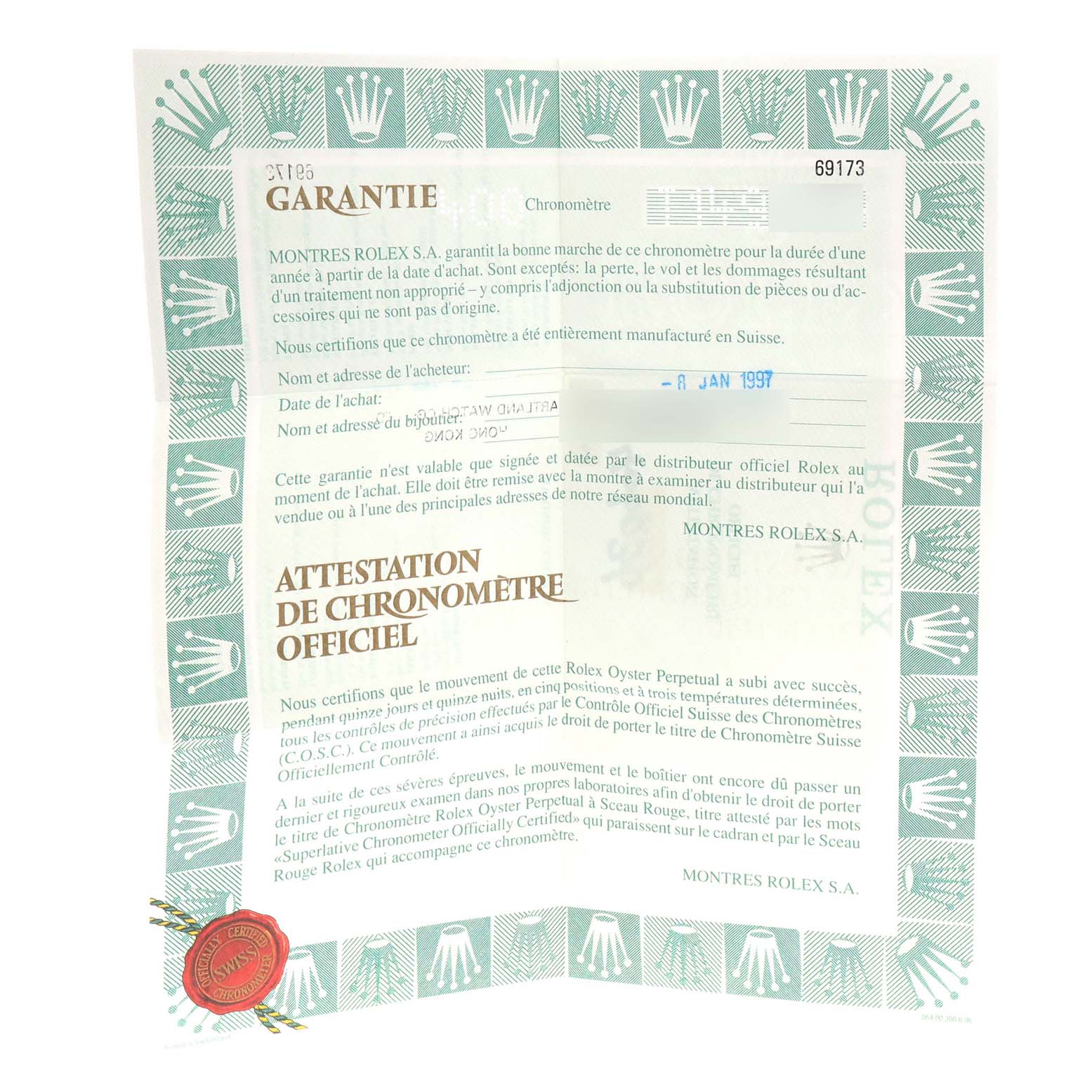 This is the warranty and chronometer certification document for the Rolex Datejust 69173 Women's Steel and Gold (two tone) Silver Dial 69173 Women's Steel and Gold (two tone) Silver Dial model.