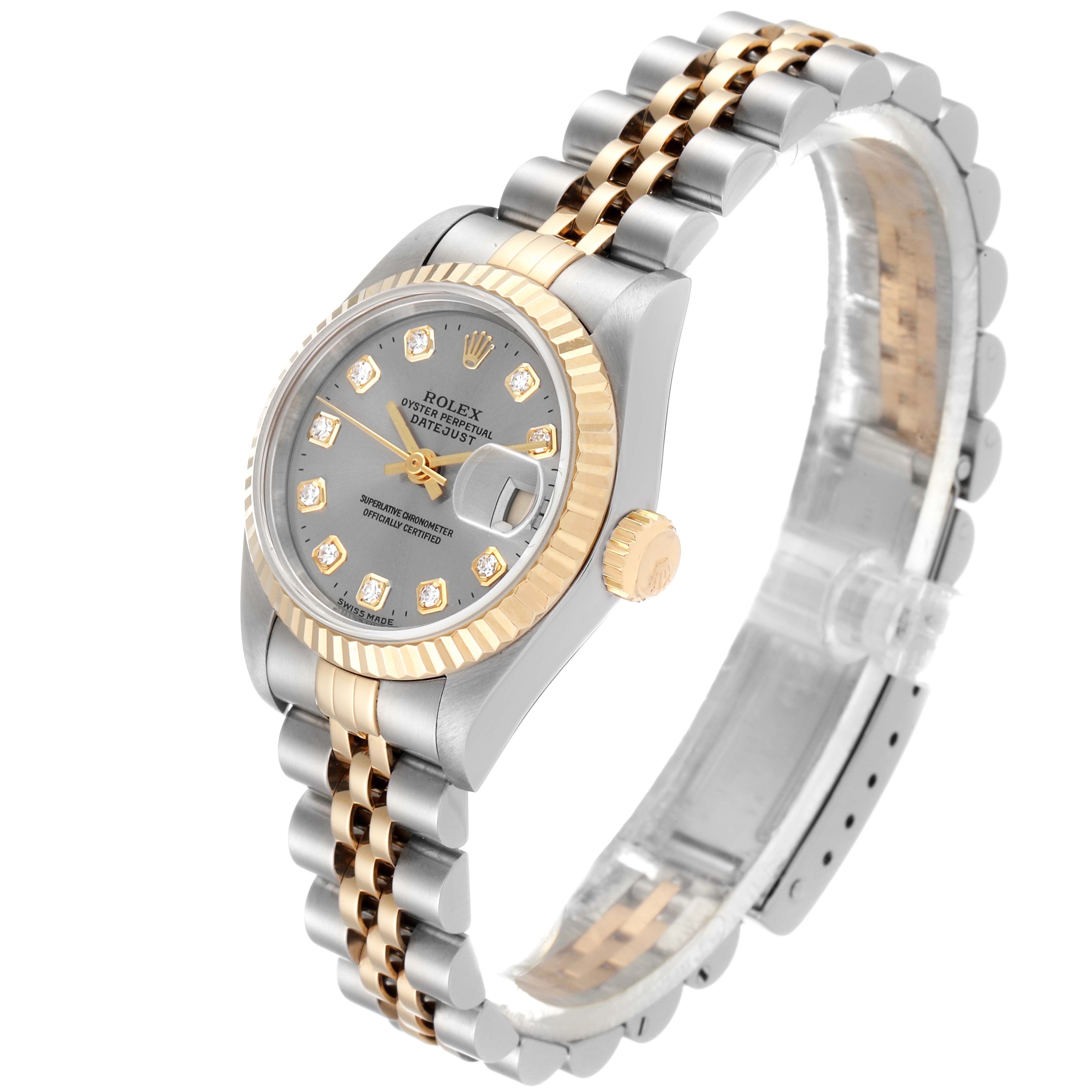 This image shows a side angle of the Rolex Datejust 69173 Women's Steel and Gold (two tone) Silver Dial 69173 Women's Steel and Gold (two tone) Silver Dial watch, highlighting its gold and silver jubilee bracelet and diamond-studded dial.