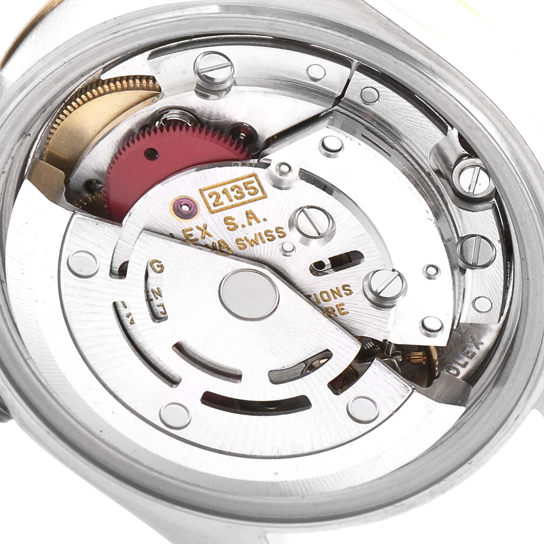 This image shows the inner mechanical movement of a Rolex Datejust 69173 Women's Steel and Gold (two tone) Silver Dial 69173 Women's Steel and Gold (two tone) Silver Dial watch, viewed from the back.