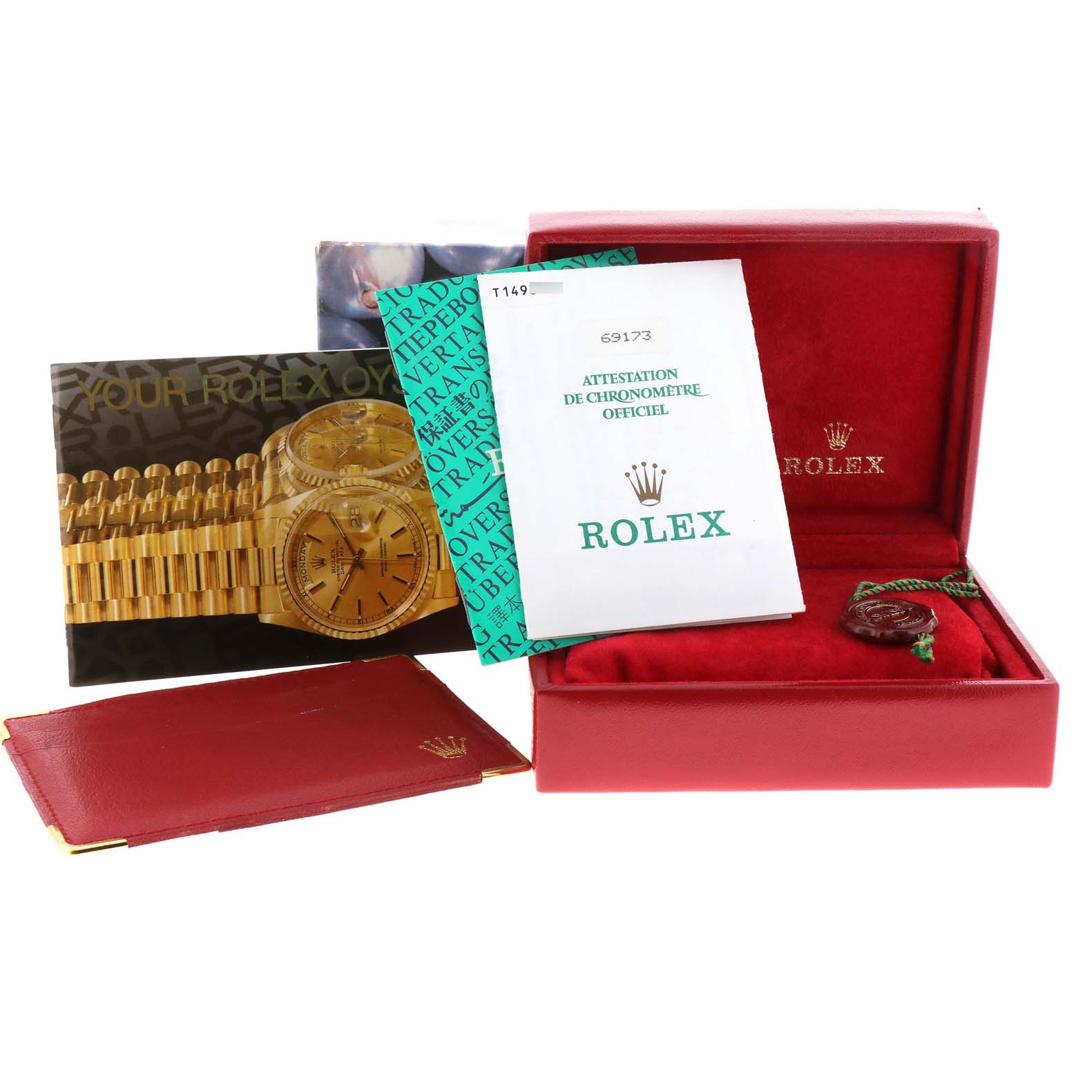 The image shows various accessories for a Rolex Datejust 69173 Women's Steel and Gold (two tone) Silver Dial 69173 Women's Steel and Gold (two tone) Silver Dial watch, including the box, warranty card, and certification.