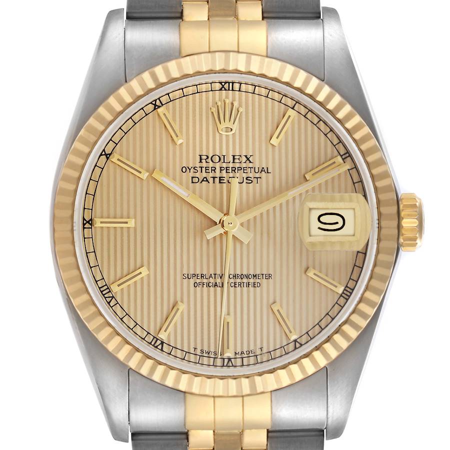 The Rolex Datejust watch is shown from a front angle, highlighting its gold fluted bezel and champagne dial with gold hour markers.