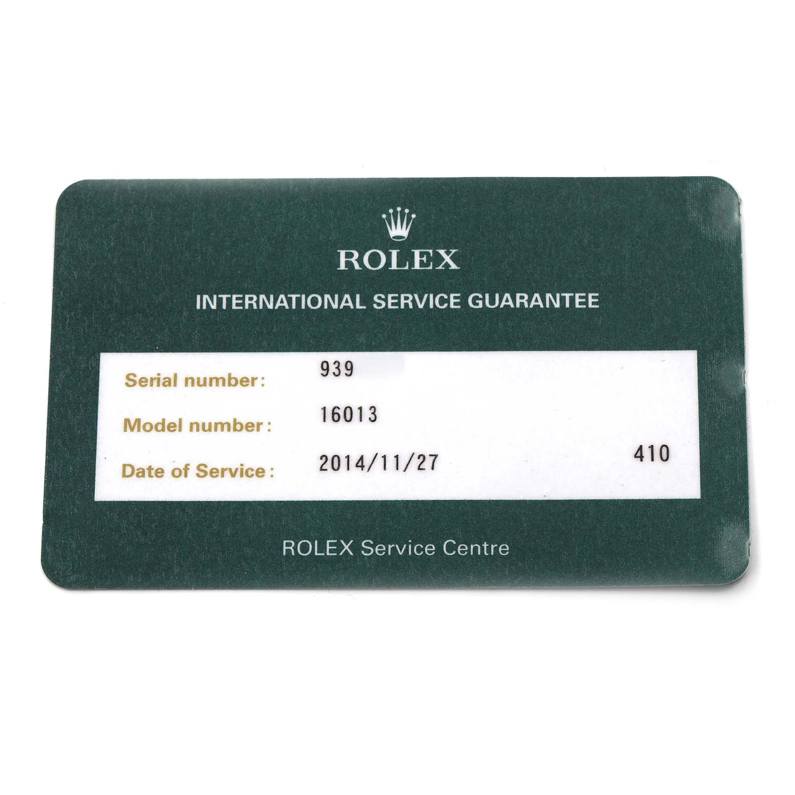 The image shows a Rolex Datejust 16013 Men
s Steel and Gold (two tone) Champagne Dial 16013 Men
s Steel and Gold (two tone) Champagne Dial service guarantee card displaying the model number and service details.