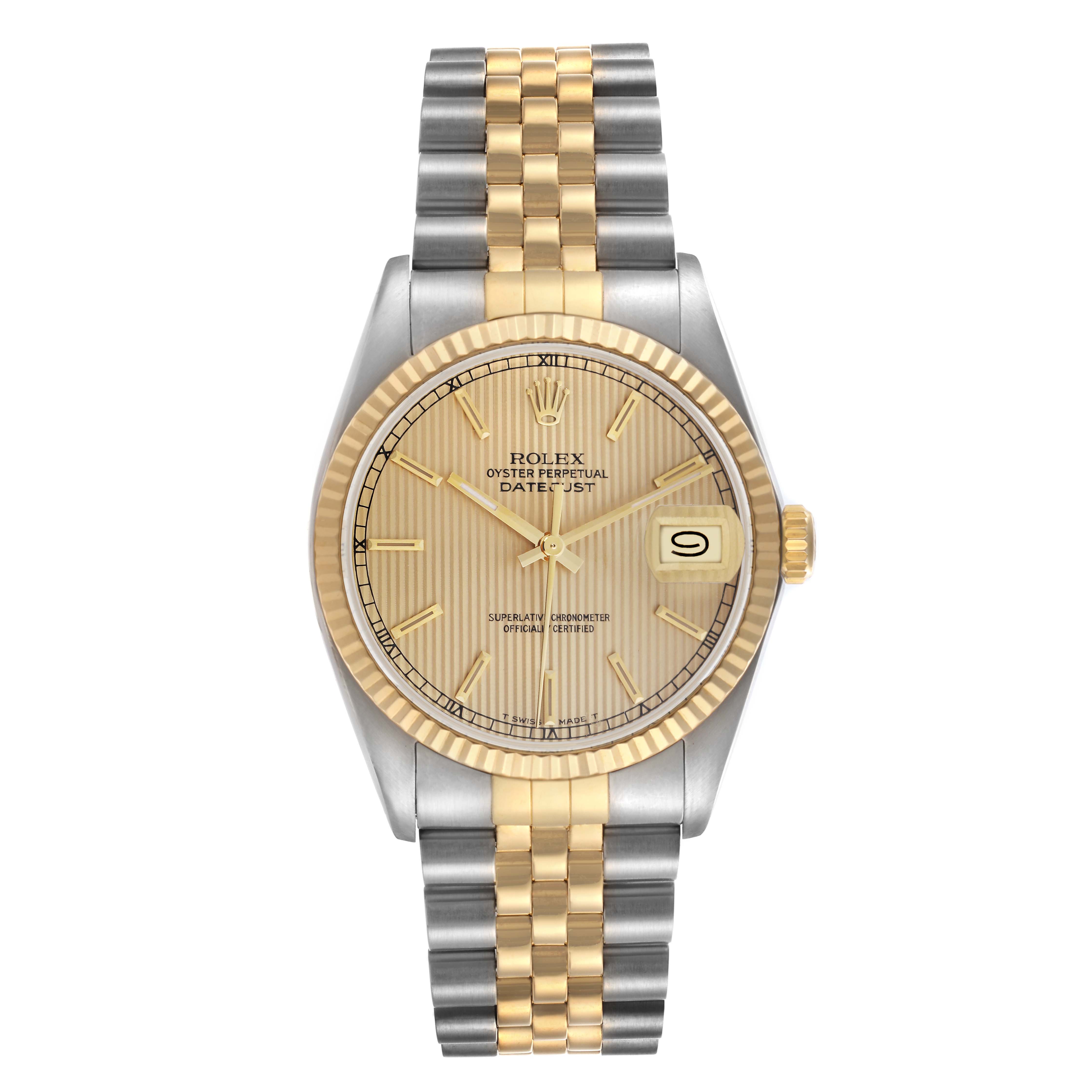 The Rolex Datejust 16013 Men
s Steel and Gold (two tone) Champagne Dial 16013 Men
s Steel and Gold (two tone) Champagne Dial watch is shown from a front view, displaying the dial, bezel, and two-tone bracelet.