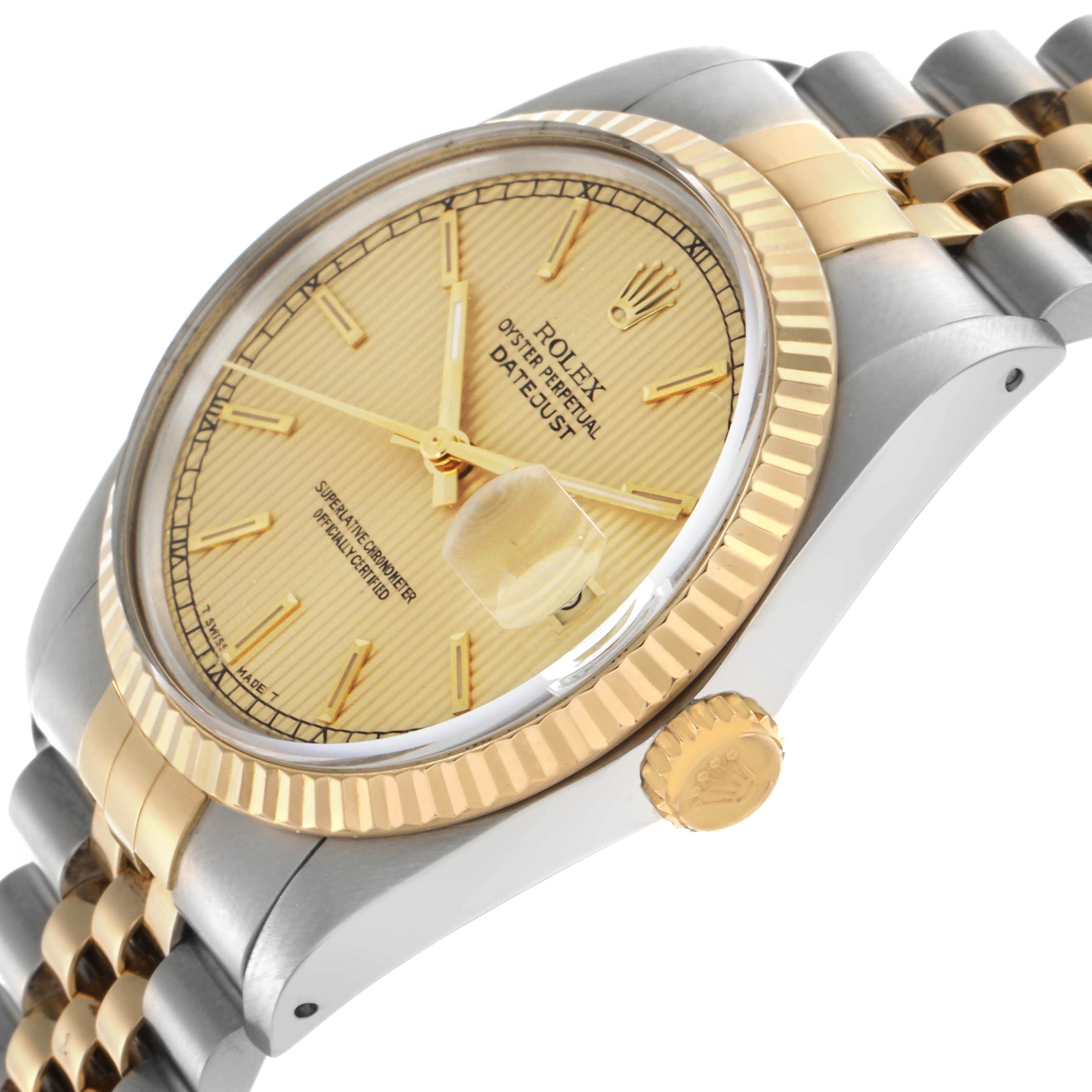 The Rolex Datejust 16013 Men
s Steel and Gold (two tone) Champagne Dial 16013 Men
s Steel and Gold (two tone) Champagne Dial watch is shown from a side angle, highlighting the dial, bezel, crown, and part of the bracelet.