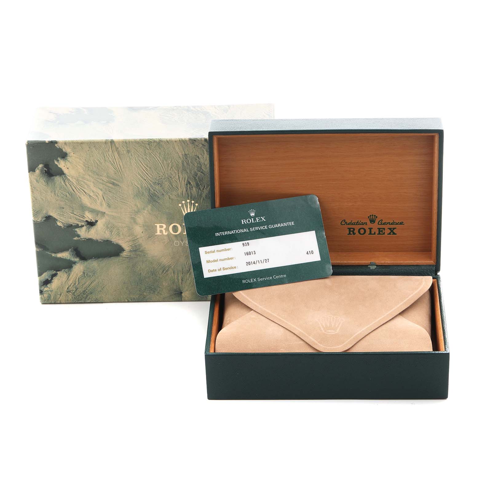 The image shows a Rolex Datejust 16013 Men
s Steel and Gold (two tone) Champagne Dial 16013 Men
s Steel and Gold (two tone) Champagne Dial watch box, outer case, and a warranty card from an overhead angle.