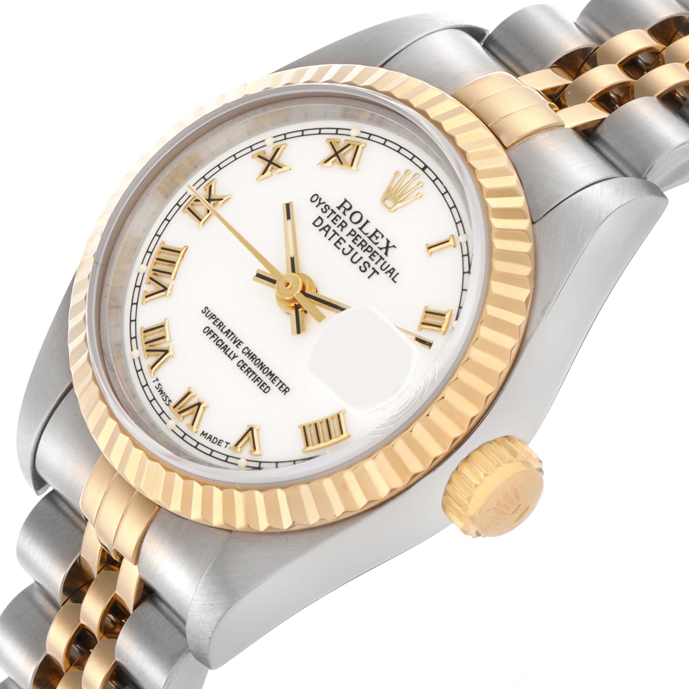 The Rolex Datejust 69173 Women's Steel and Gold (two tone) White Dial 69173 Women's Steel and Gold (two tone) White Dial watch is shown at an angle highlighting the face, fluted bezel, crown, and two-tone bracelet.