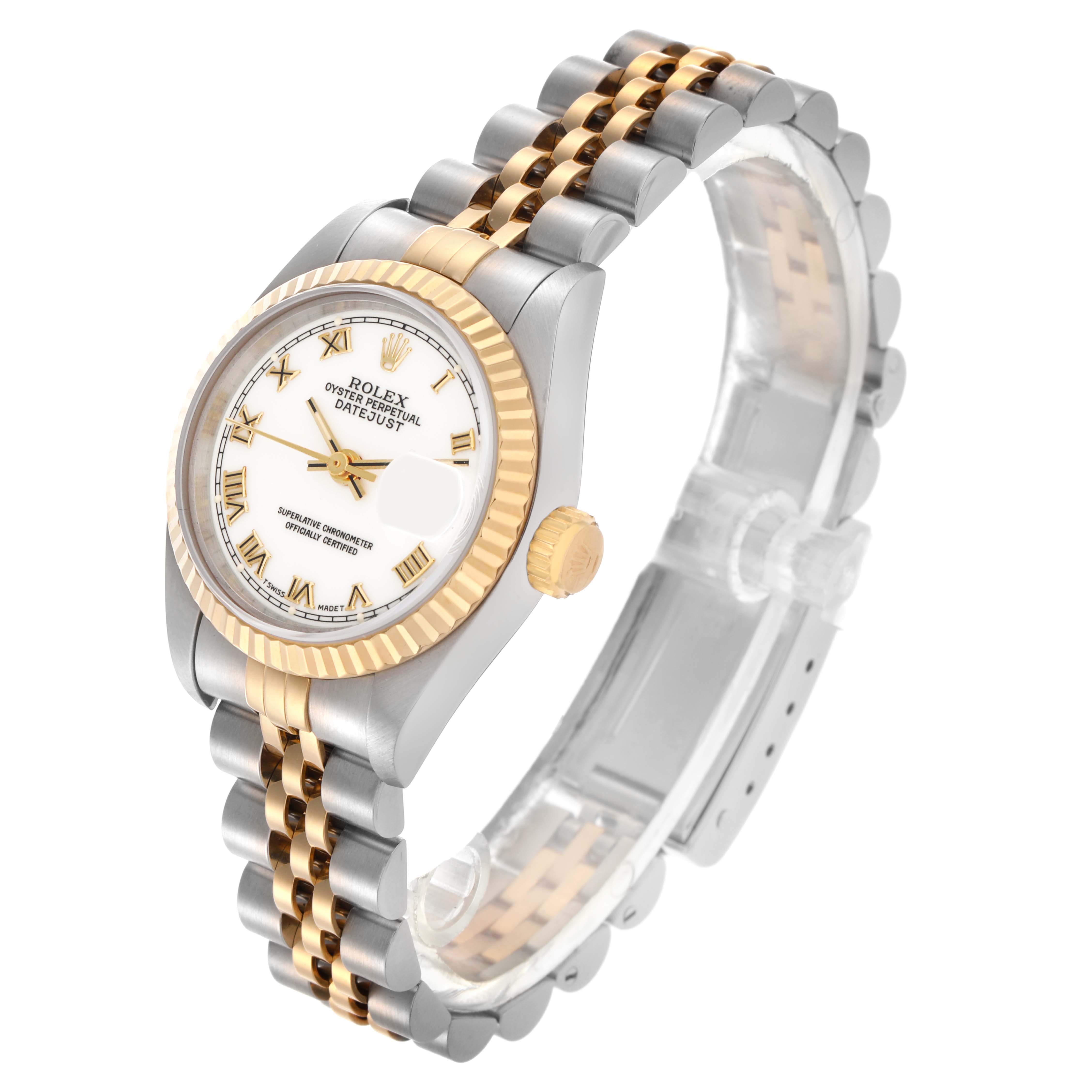 The Rolex Datejust 69173 Women's Steel and Gold (two tone) White Dial 69173 Women's Steel and Gold (two tone) White Dial watch is shown at an angle highlighting the dial, bezel, crown, and two-tone bracelet.