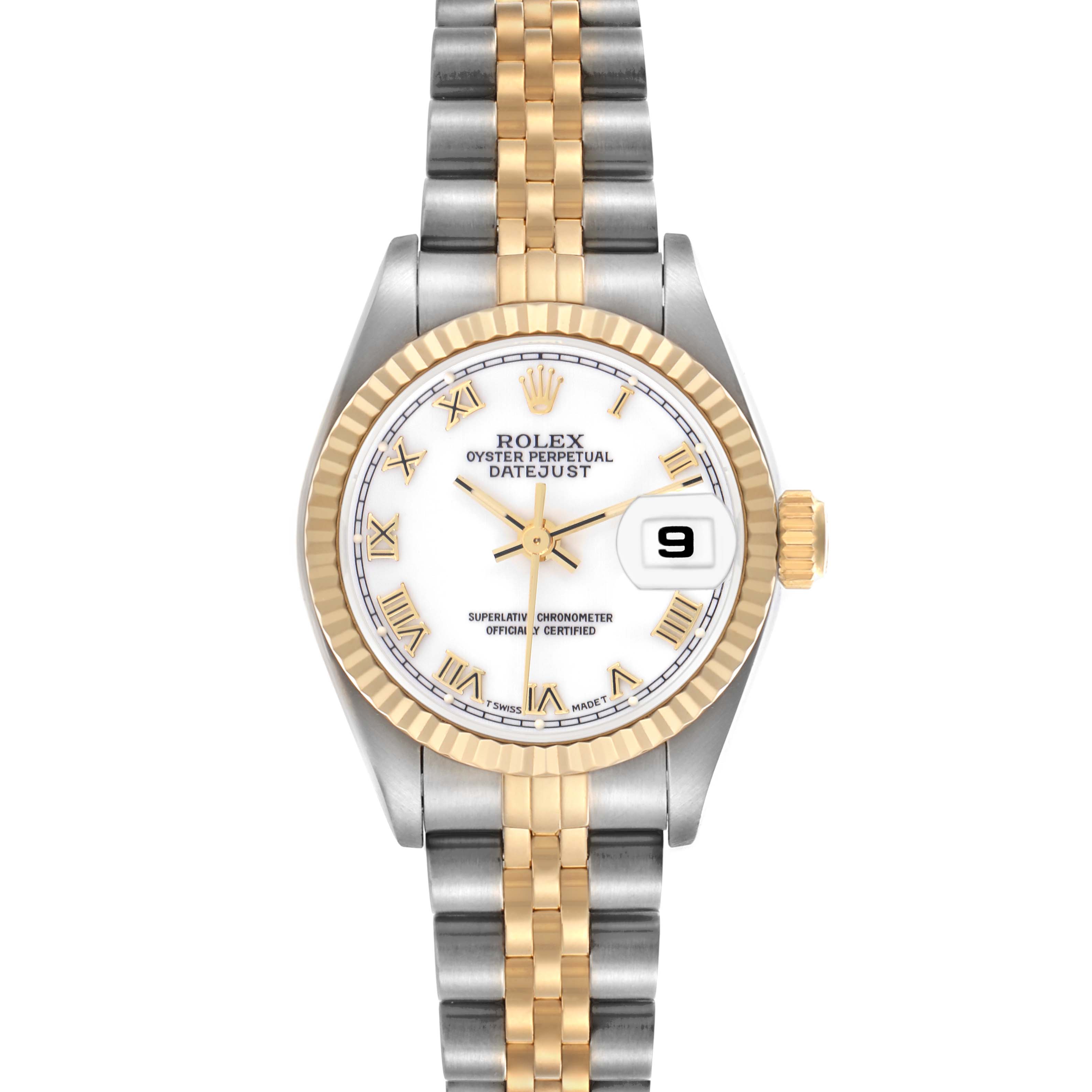 The Rolex Datejust 69173 Women's Steel and Gold (two tone) White Dial 69173 Women's Steel and Gold (two tone) White Dial watch is shown from a top-down angle, displaying the face, bezel, crown, and bracelet.