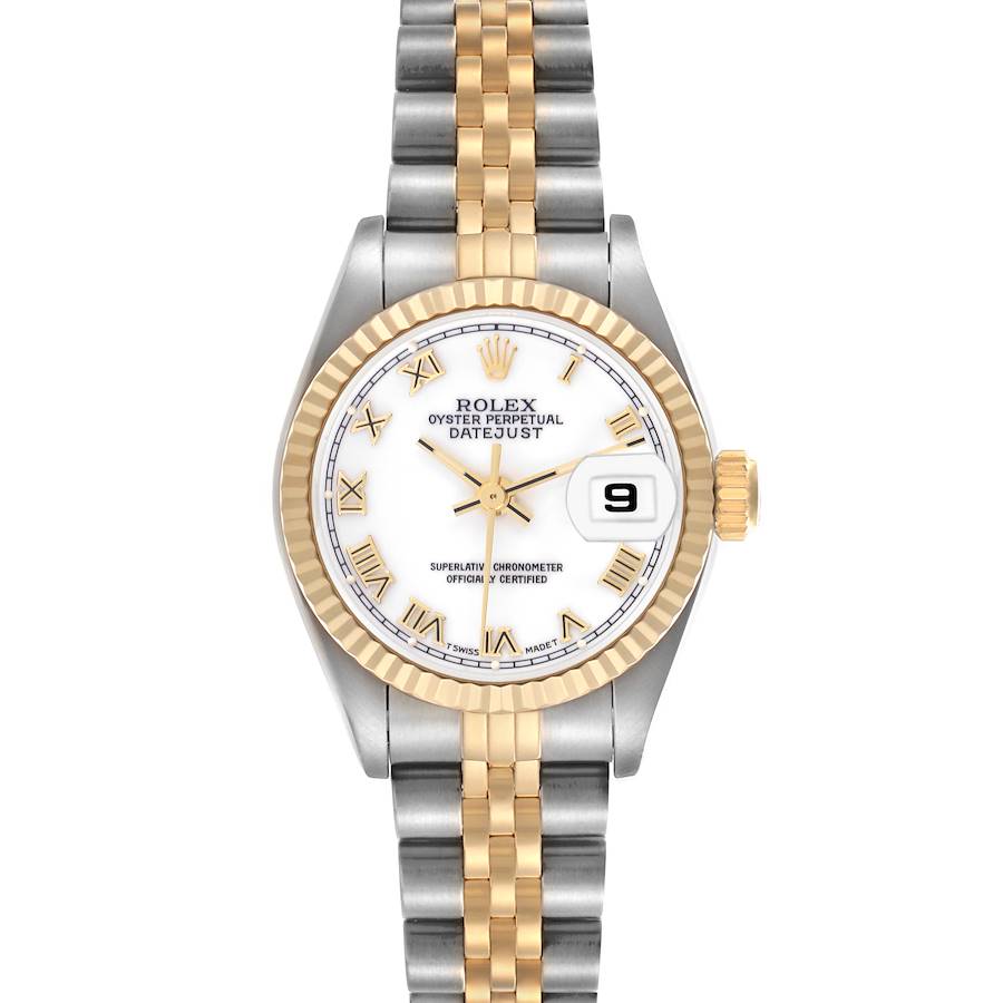 The Rolex Datejust watch is shown from a top-down angle, displaying the face, bezel, crown, and bracelet.