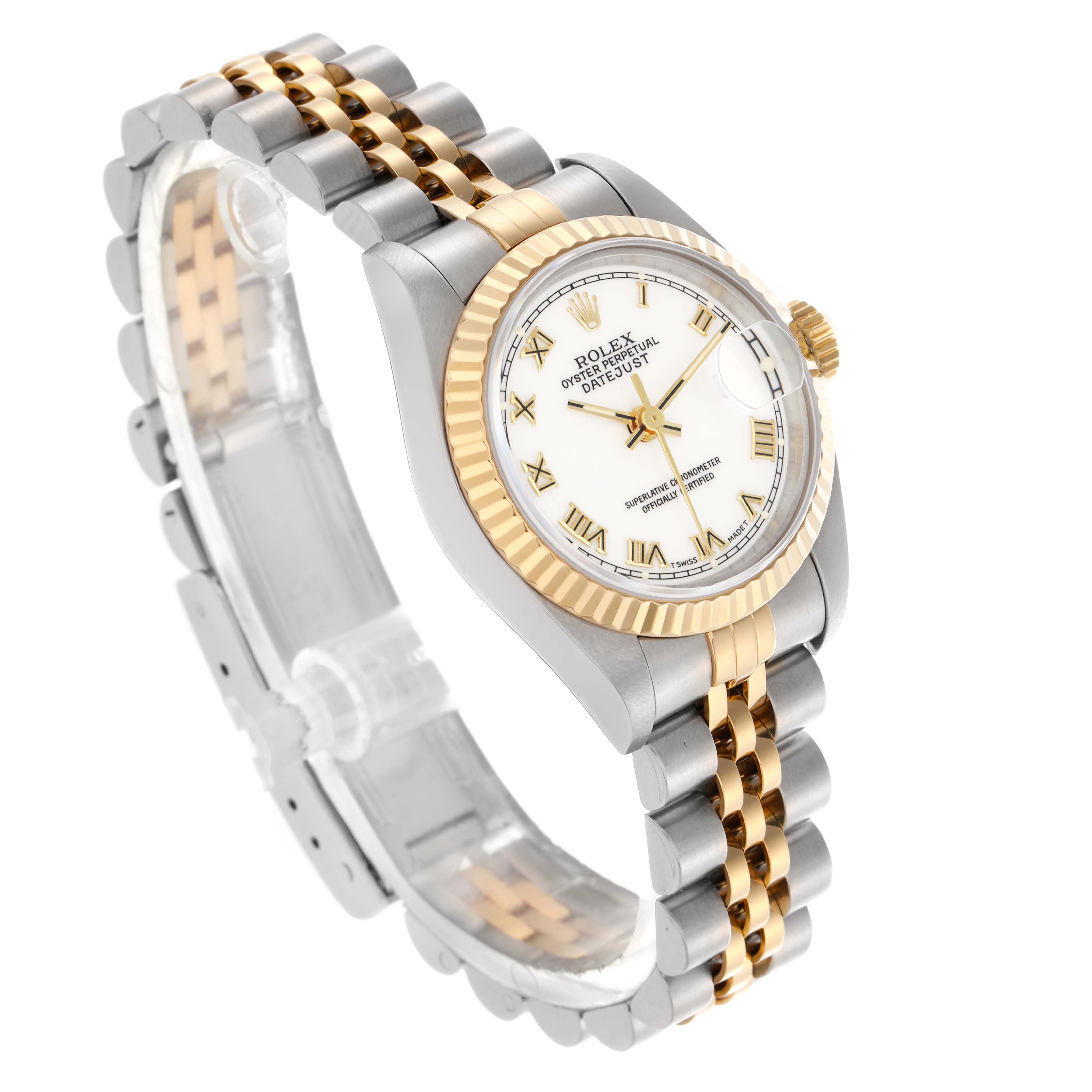 The Rolex Datejust 69173 Women's Steel and Gold (two tone) White Dial 69173 Women's Steel and Gold (two tone) White Dial watch is shown at a slight angle, highlighting its face, fluted bezel, and two-tone bracelet.