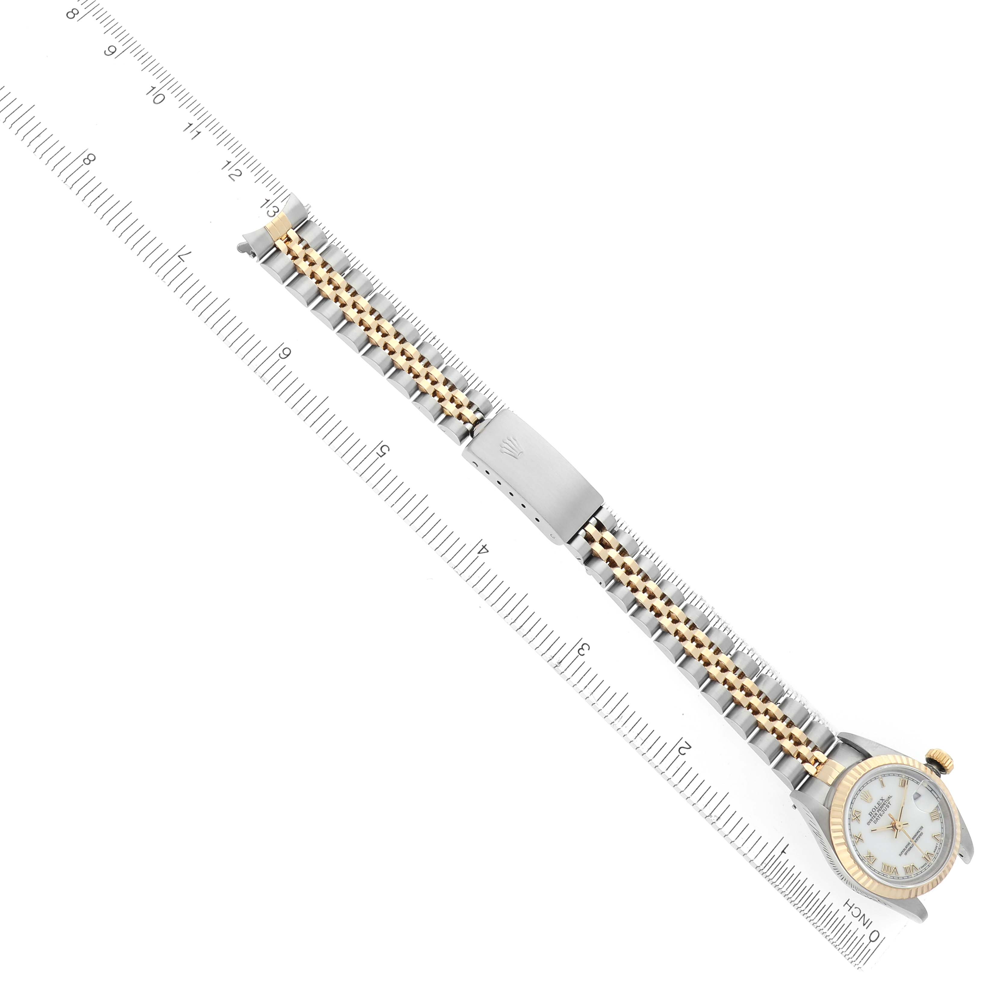 The image shows a top view of a Rolex Datejust 69173 Women's Steel and Gold (two tone) White Dial 69173 Women's Steel and Gold (two tone) White Dial watch with the face, bezel, and two-tone bracelet visible.