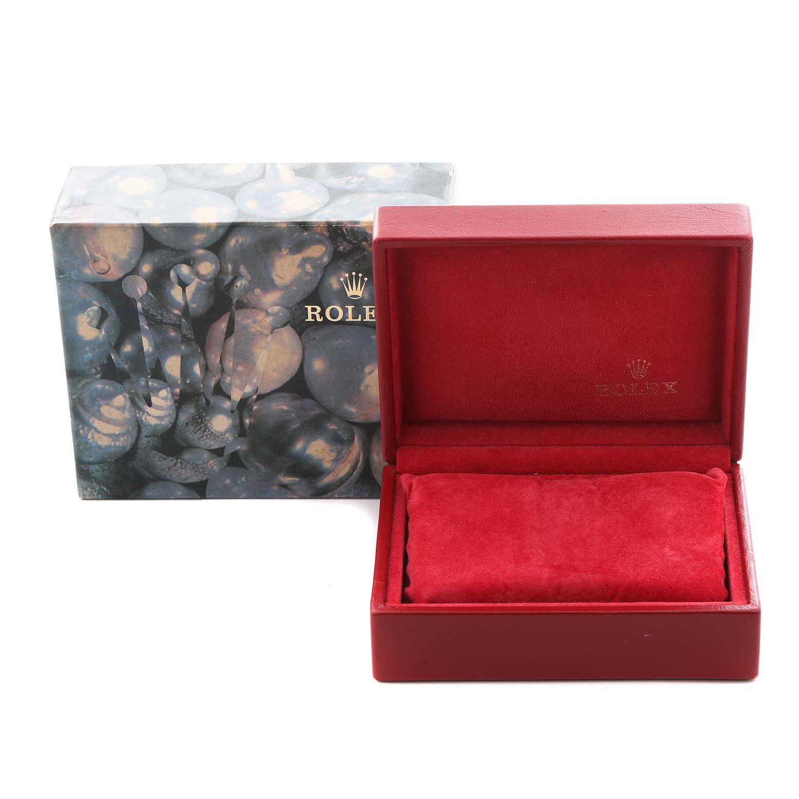 The image shows a Rolex Datejust 69173 Women's Steel and Gold (two tone) White Dial 69173 Women's Steel and Gold (two tone) White Dial watch box, open with a red interior, alongside its decorative outer box.