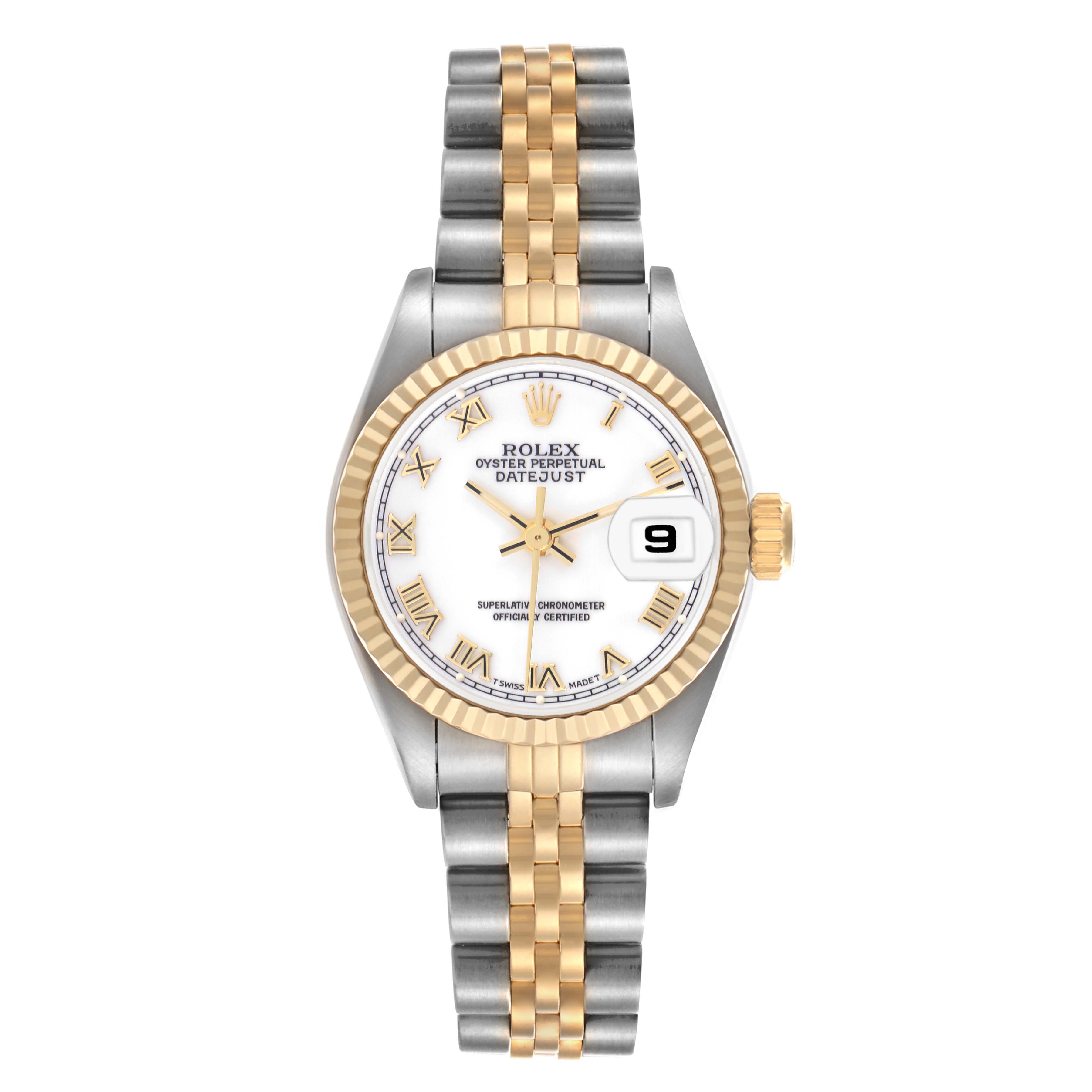 The Rolex Datejust 69173 Women's Steel and Gold (two tone) White Dial 69173 Women's Steel and Gold (two tone) White Dial watch is shown from the front, displaying the face, bezel, and bracelet.