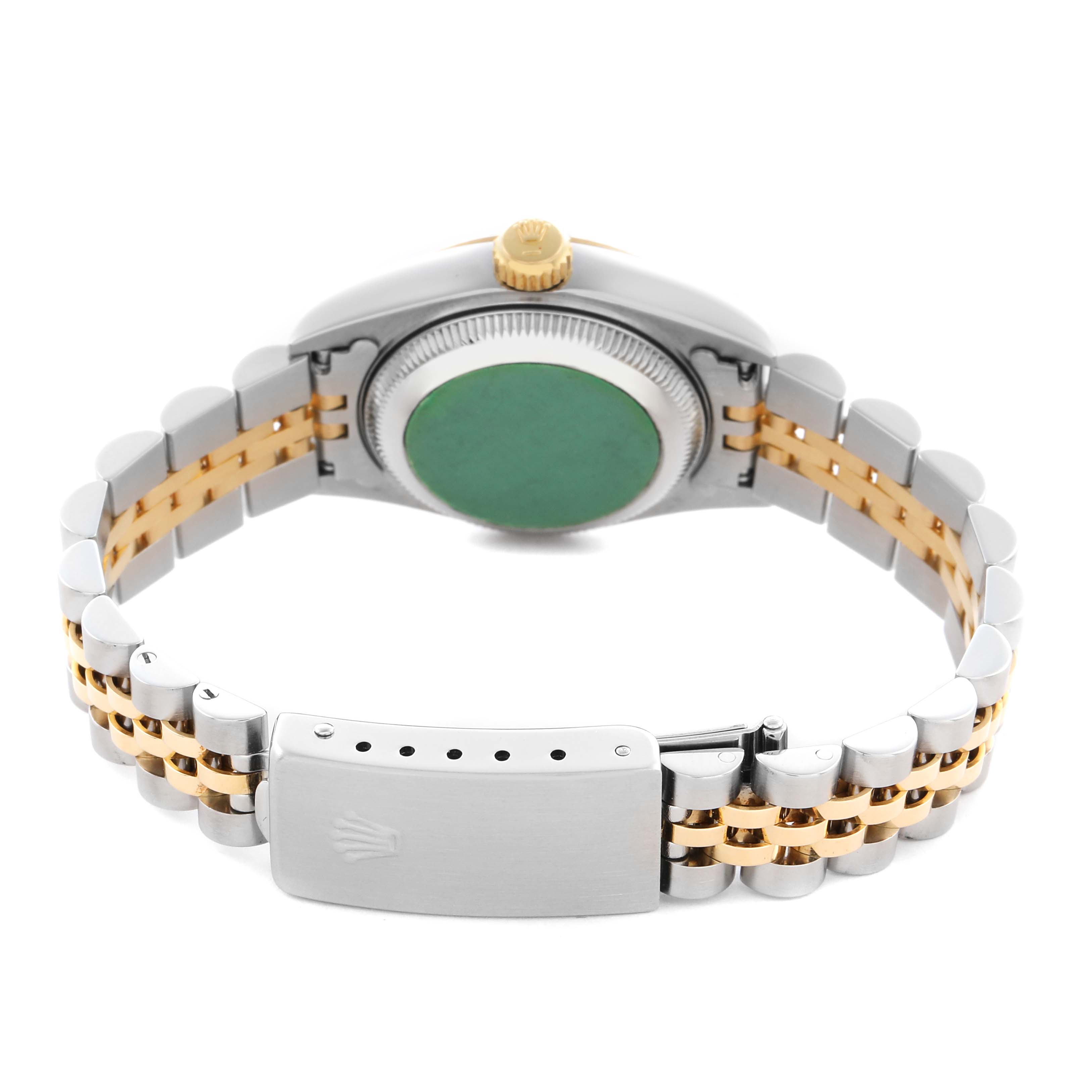 The image shows the back view of the Rolex Datejust 69173 Women's Steel and Gold (two tone) White Dial 69173 Women's Steel and Gold (two tone) White Dial, highlighting the case back, bracelet, and clasp.