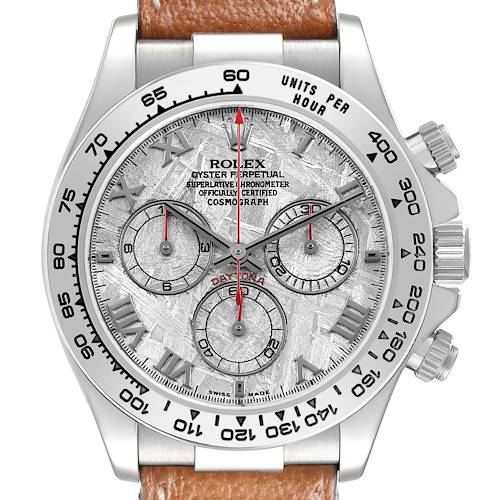 The Rolex Daytona 116519 Men's White Gold Silver Dial watch is shown from the front, featuring the dial, bezel, subdials, and pushers.